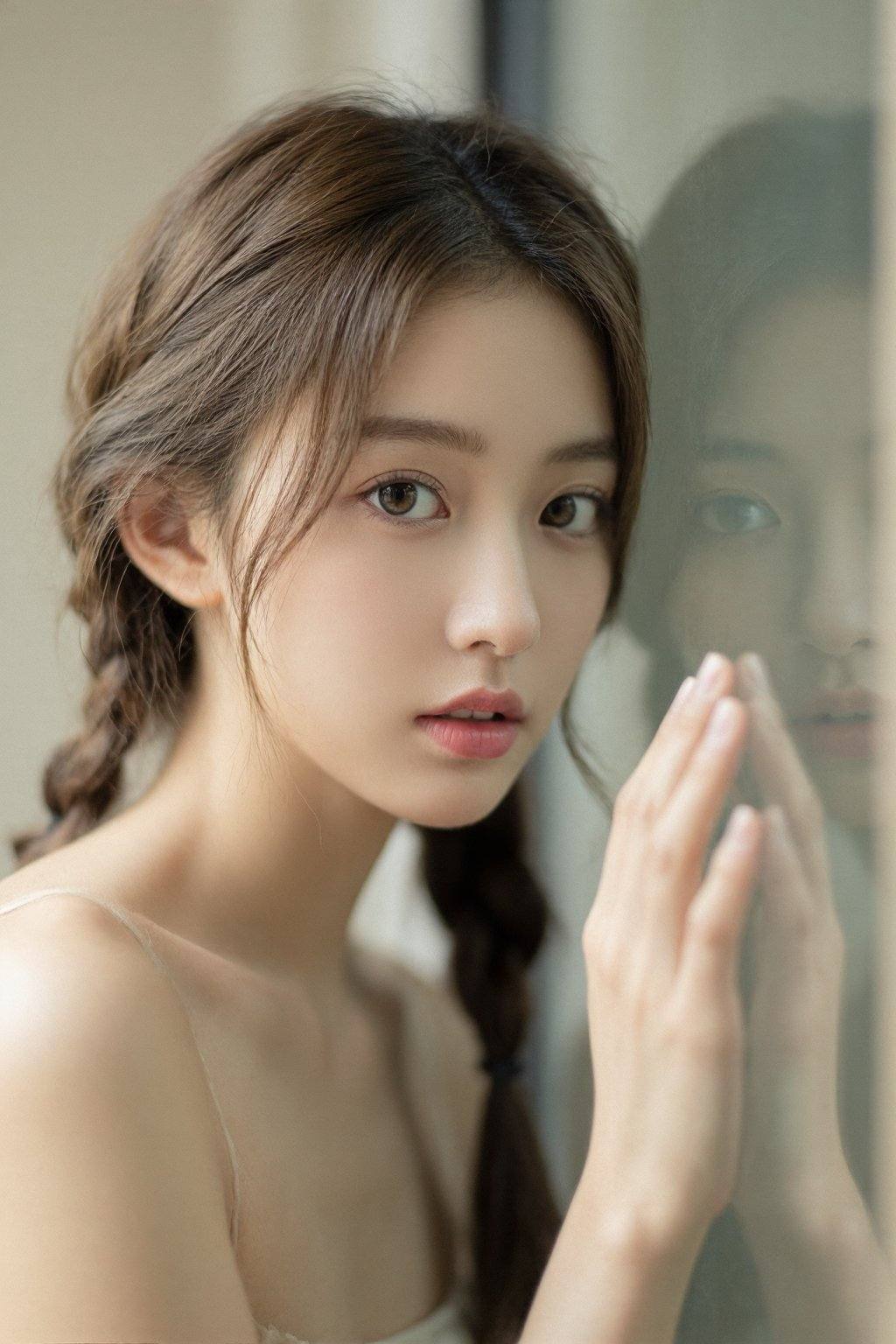 一位看似二十出头的东亚裔年轻女子，目光温柔地直视着观者。她肤色白皙，面容细腻。浅棕色的头发编成辫子垂在一侧，几缕碎发轻柔地垂落在脸颊两侧，微微卷曲。她的眼睛是温暖的淡褐色，在柔和的高光映衬下更显明亮动人。她的嘴唇是自然的粉红色，微微张开。她倚靠在一块玻璃上，一只手轻轻地触碰着玻璃表面。玻璃反射出她脸部的部分影像，为画面增添了层次感。场景似乎是在室内，背景是柔和的中性色调，可能是一扇窗户或一面极简主义风格的墙壁，干净的背景衬托出她的容貌。柔和的漫射光投射出淡淡的阴影，营造出梦幻般的空灵氛围。整体氛围宁静、私密，略带一丝淡淡的忧伤，引人沉思冥想。