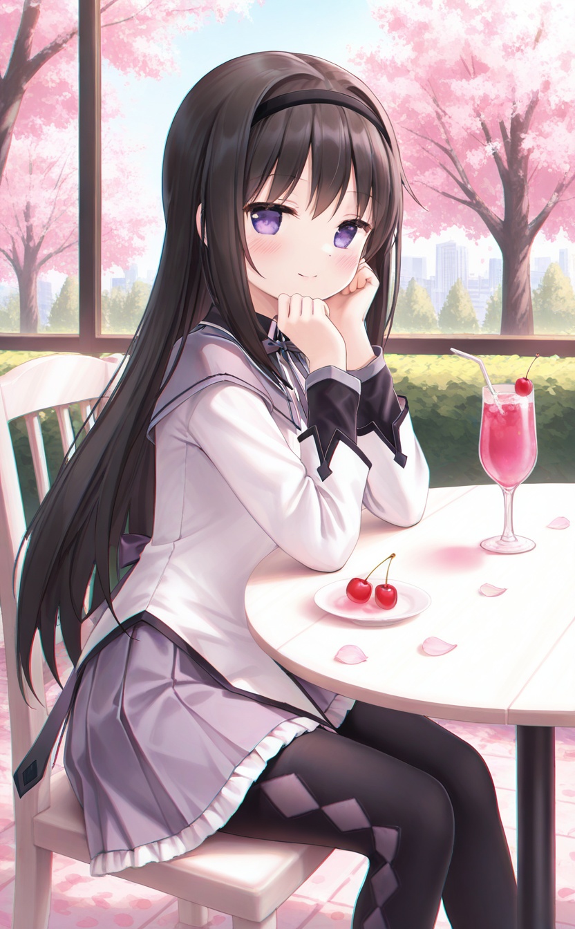 <lora:guizhencao-style:0.4>,<lora:normal-akemi-homura:0.8>,guizhencao style, normal akemi homura, absurdres, best quality, chromatic_aberration, high quality, masterpiece, outdoors, 1girl, solo, magical girl, black hair, long hair, purple eyes, hairband, blush, closed mouth, drink, looking at viewer, smile, holding, sitting, black pantyhose, pantyhose, skirt, feet out of frame, chair, cherry, cup, drinking glass, food, fruit, petals, pink flower, table, tree, window