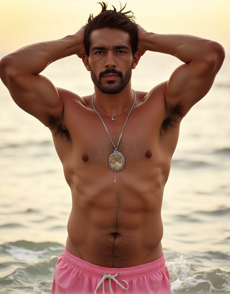 Harman Singha ,  A HD high-quality close-up photo. stepping out of the ocean. water cascading down his toned chest and arm...