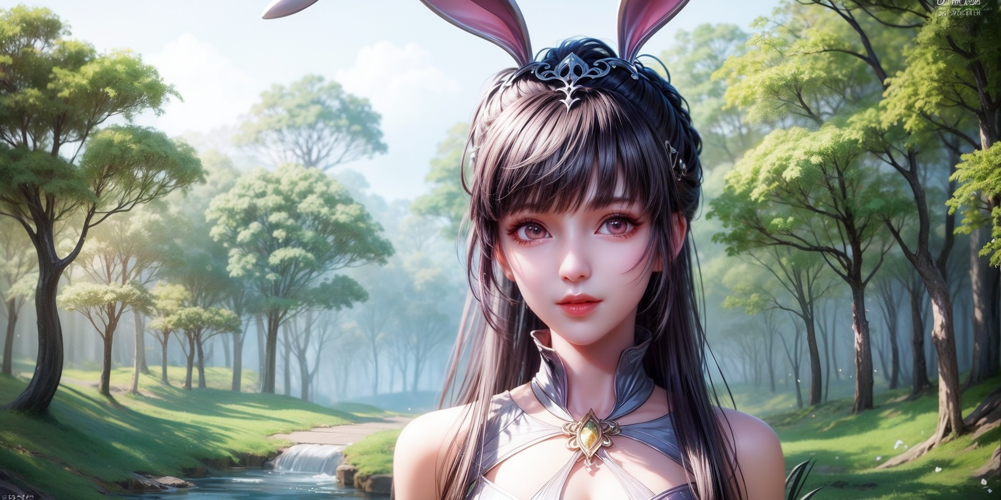 masterpiece,best quality,illustration,anime,(solo:1.1),looking_at_viewer,blurred background,depth of field,portrait,1girl,(mature_female:1.2),rabbit ears,dress,pink dress,hair ornament,collar,silver wire edging,black hair,very long hair,<lora:add_detail:1>,smile,<lora:xiaowu:0.7>,forest,
