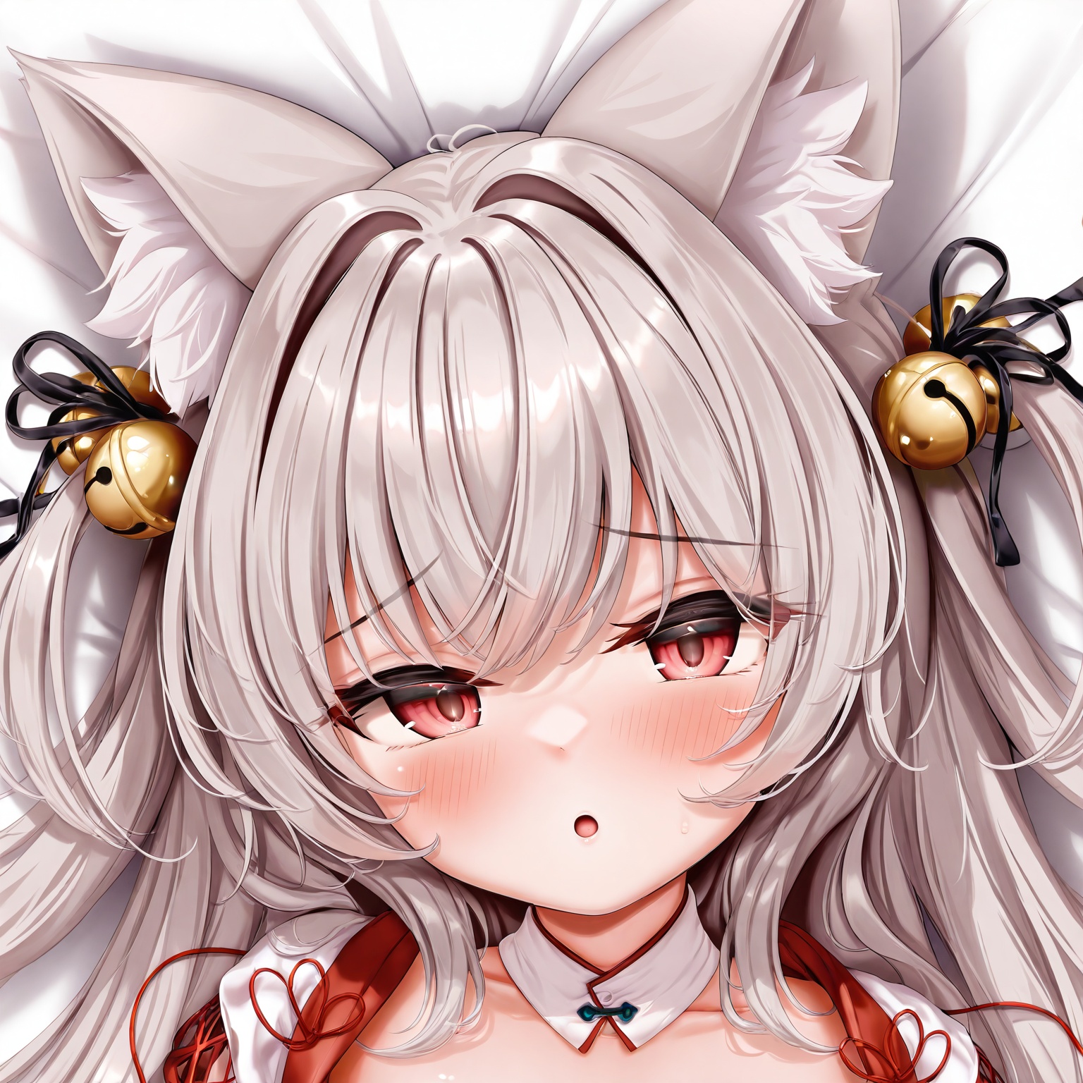 masterpiece,absurdres,best quality,((petite)),loli,high quality,chromatic_aberration,shiny_skin,//,1girl, animal_ears, hair_bell, bell, red_eyes, long_hair, hair_ornament, solo, fox_ears, animal_ear_fluff, blush, dakimakura_\(medium\), bed_sheet, looking_at_viewer, detached_collar, jingle_bell, fox_girl, lying, close-up, grey_hair, two_side_up, portrait, white_hair, on_back, japanese_clothes, hair_intakes, out-of-frame_censoring, white_kimono, open_mouth, collarbone, breasts, ribbon, miko, hair_ribbon, hair_between_eyes, parted_lips, :o, sidelocks, upper_body//,<lora:kokuto_(kurousagi1210)——【CKXL】hans:0.88>,