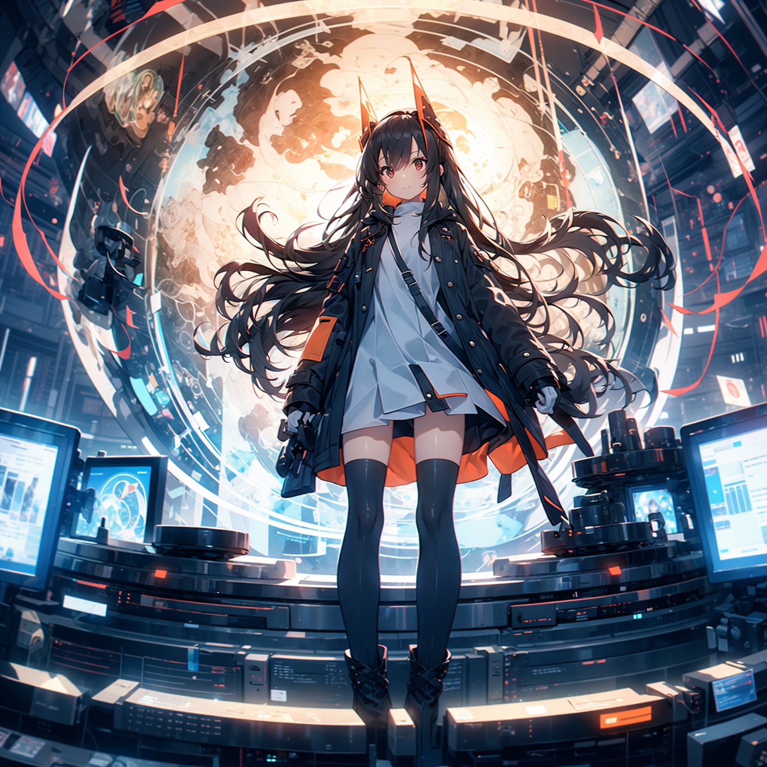 1girl, long hair, solo, thighhighs, looking at viewer, standing, headgear, dress, bangs, black thighhighs, open clothes, jacket, red eyes, black hair, white dress, very long hair, boots, black jacket, brown hair, science fiction, closed mouth, gloves, open jacket<lora:HTTP_20240106230351-000008:1>