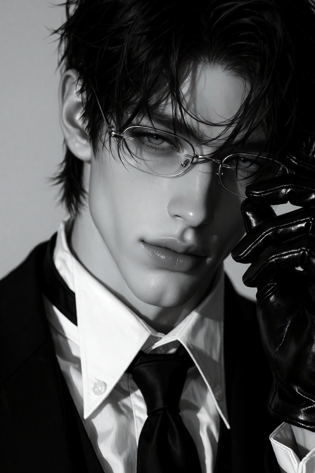 close-up monochrome portrait of a handsome young man,  sharp delicate facial features,  pale skin on Tensor.Art