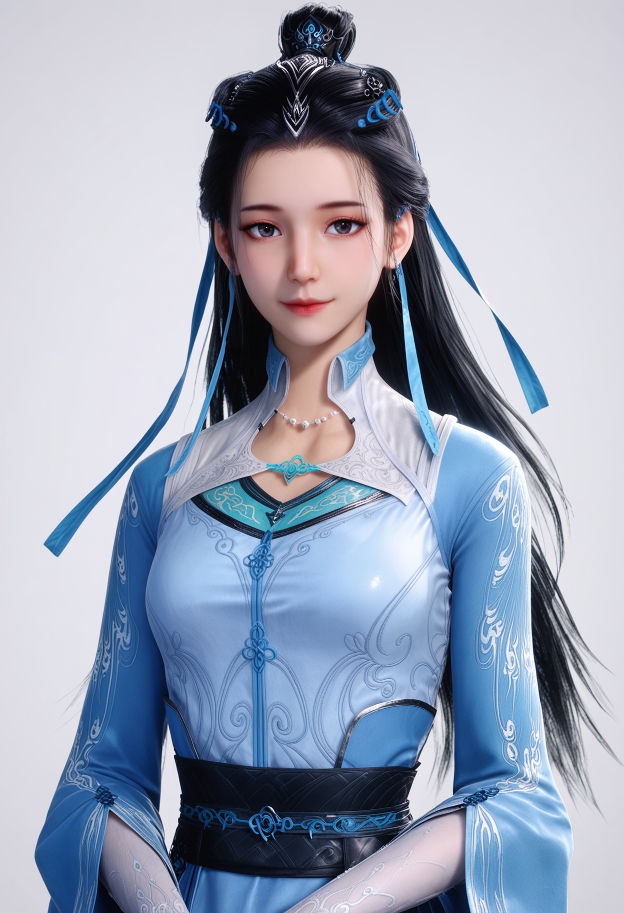 score_9,high detail,best quality,cinematic lighting,volumetric lighting,shiny skin,shiny,wanjiangyu,1girl,solo,black eyes,black hair,long hair,dress,earrings,blue dress,white background,realistic,jewelry,hair ornament,necklace,simple background,closed mouth,long sleeves,hair bun,smile,sash,hair ribbon,looking at viewer,upper body,<lora:Pony_DetailV2.0:0.8>,<lora:皮肤凹痕:0.1>,<lora:QQSponywanjiangyuV1:0.8>,