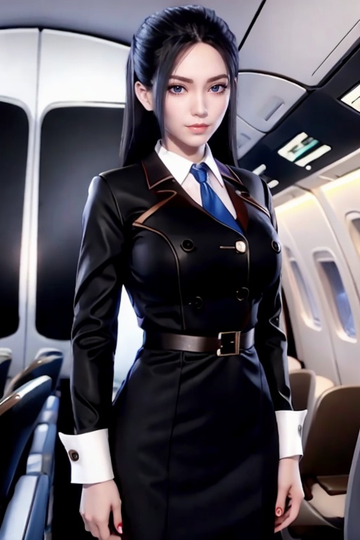 1 girl,black hair,Blue eyes,medium breasts,(Black Flight Attendant Uniform:1.4),break,light smile,standing,solo,,<lora:fb793ff6632ce98f34c43b74eee0ddb1e403d9ac4652e2e712f4bd73ad3e7241:0.56>