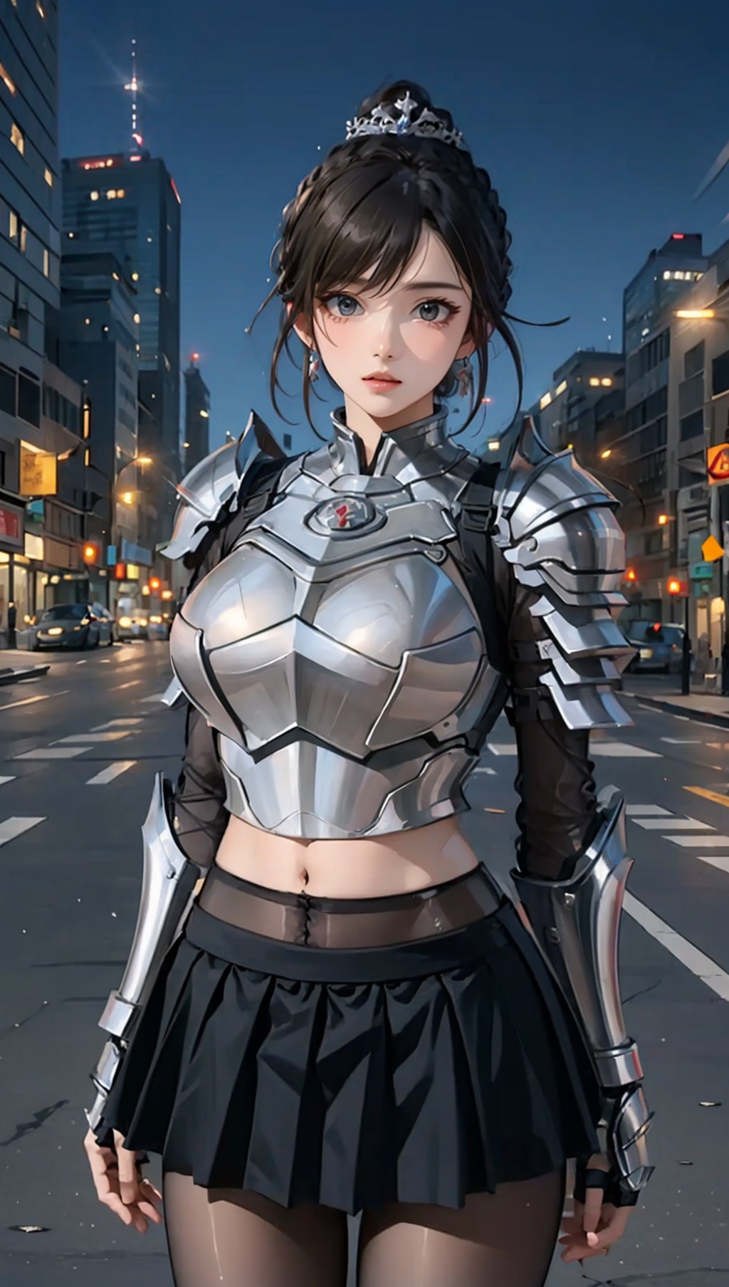 ((masterpiece)),best quality,perfect anatomy,8K wallpaper,mWaistSilk,1girl,braided ponytail,pantyhose,tiara,armored,breastplate,crop top,cowboy_shot,city,night,<lora:mWaistStockings:0.9>,