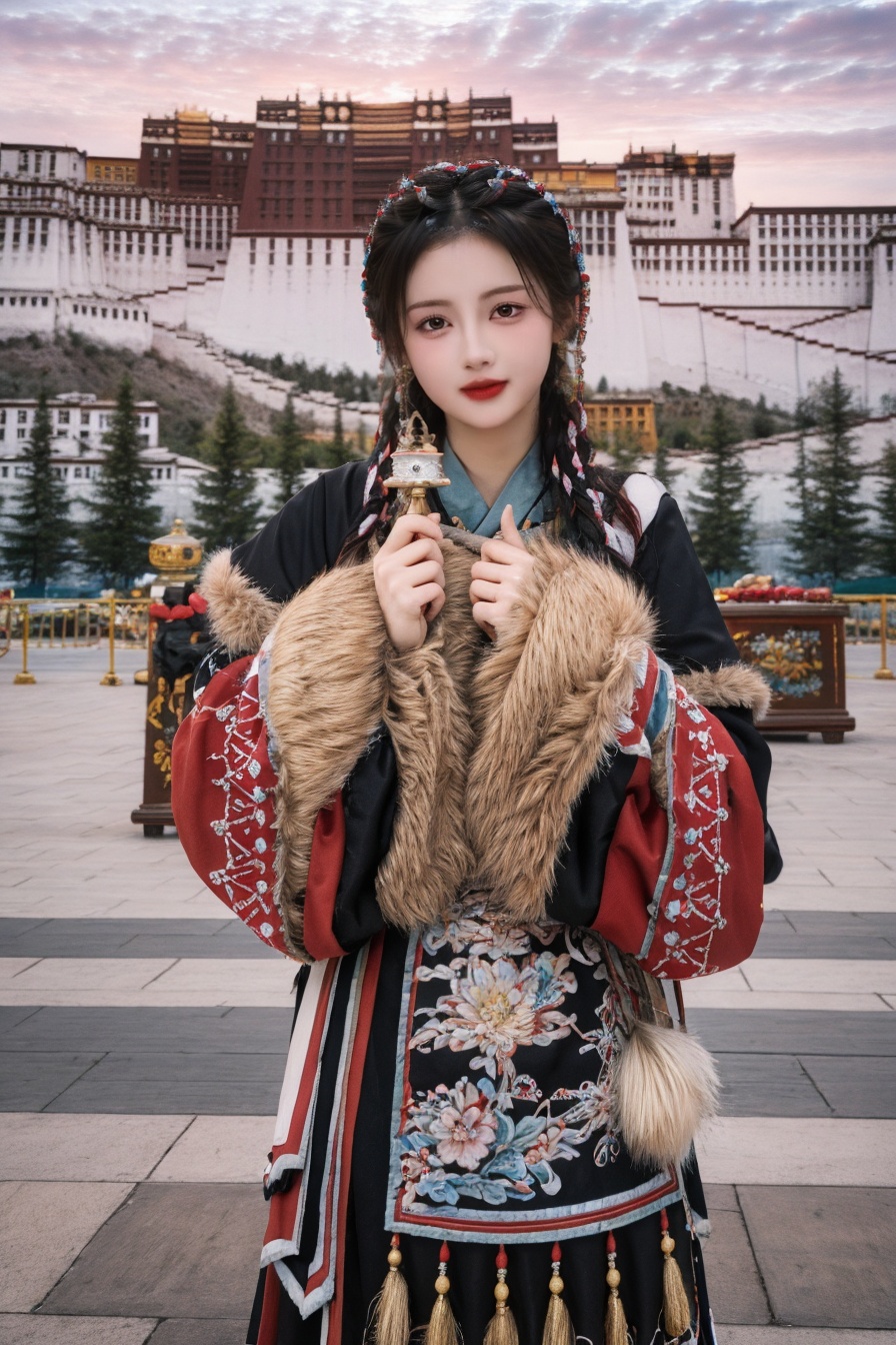 upper body,looking at viewer,smile,<lora:Potala_muggle:0.7>,1girl,Potala muggle,fur trim,chinese clothes,long sleeves,braid,sky,jewelry,