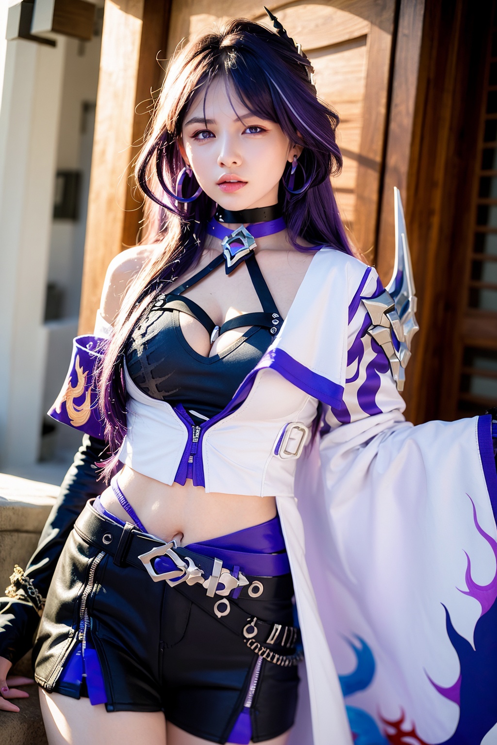 masterpiece, best quality,realistic, (photoshop \(medium\):1.4), <lora:yomi:1>,1girl,solo,purple hair, long hair,hair over one eye, purple eyes, hair ornament, earrings,choker, bare shoulders,cleavage,crop top, armor,coat,long sleeves,detached sleeves,wide sleeves,black gloves, belt,black shorts,single thighhigh,thigh boots,