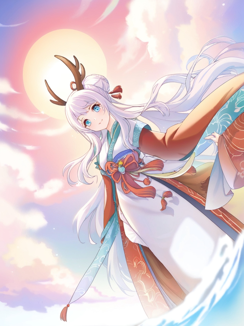 (Masterpiece:1.4),(Illustration:1.2),dynamic angle,floating,(solo),(a girl:1.3),(only girl),(bun hair),(long hair),(Elk antlers:1.3),(deer ear:1.2),(Detailed beautiful face:1.3),(Symmetrical face),(detailed Symmetrical eyes),(detailed beautiful Wide Sleeves hanfu),(Colorful auspicious clouds:1.3),(Colorful),Chinese ink,color ink,((China-Chic Illustration)),Oriental Art,Chinese Painting,((Chinese fad Illustration)),<lora:pcr-xl-fp8-lokr-000001:0.8>,