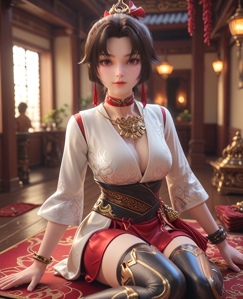 (oriental architecture, elegant decor, sophisticated style:1.1),(yoga:1.1),(large breasts:1.2),<lora:XL王者荣耀云缨:0.8>,miss yunying,red paired with white short kimono,black hair,short ponytail,bangs,red eyes,choker,hair ornament,sash,jewelry,tassel,lips,black thighhighs,greaves,, score_9,score_8_up,score_7_up,score_6_up,score_5_up,score_4_up,3d rendering,tag1,tag2, Cinematic Lighting,backlighting,, zPDXL3, zPDXL2,zPDXL, zPDXLxxx, zPDXLrl,