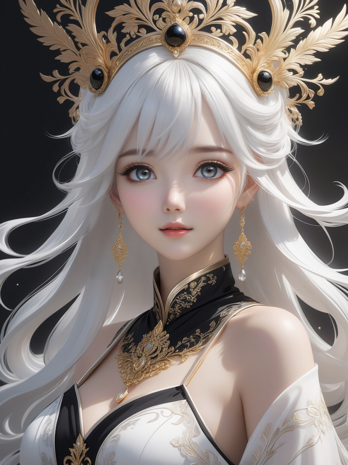 masterpiece, (best quality), Amazing, beautiful detailed eyes,((((1girl)))), finely detailed, Depth of field, extremely detailed CG unity 8k wallpaper,(((((full body))))),(((cute animal face))), (((a girl wears Clothes Black and white Taoist robes))),((Extremely gorgeous magic style)),((((gold and silver lace)))),(((flowing lace))),(((flowing ((black)) and white background))),(((((gorgeous detailed eyes))))),(((((((gorgeous detail face))))))),((floating hair)),(((Pick and dye black hair in white hair))),(((flowing transparent black))),(((flowing transparent white))),(((((ink))))),((((small breast)))),(((extremely detailed gorgeous tiara))),(((black and white hair))),((black hair stick)),((white hair ornament)),((gold gorgeous necklace)),((flowing hair)),(((The picture fills the canvas))),((The character is in the center of the frame)),(((flowing))),((bright pupils)),((((melt)))),(((((black and white melt)))))