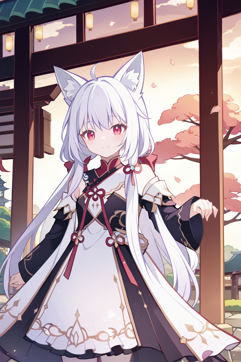 (((masterpiece))),(illustration:1.3),(((best quality))),amazing,detailed unity 8K CG wallpaper,ultra detailed,((1 14_years_old girl:1.1)),((fox girl)),(fox_ears),cowboy shot,long delicate_and_intricate white hair and white marble glowing skin,long hair,solo,beautiful pony_tail,beautiful glowing red eyes,delicate_and_intricate face,flowers on face,growth,nature,beautiful face,zoom in on eyes,standing,smile,(shy),(gorgeous [Gothic_Lolita:kimono:0.6] chiya),super detailed clothes,(extremely detailed background),torii,garden,stone brick road,fallen sakura_petals,pink_sakura_trees,spring,detailed sky and cloud,best lighting,sunburst,outline_shadow,incredibly_absurdres,<lora:liyueFP8-000002:0.8>,
