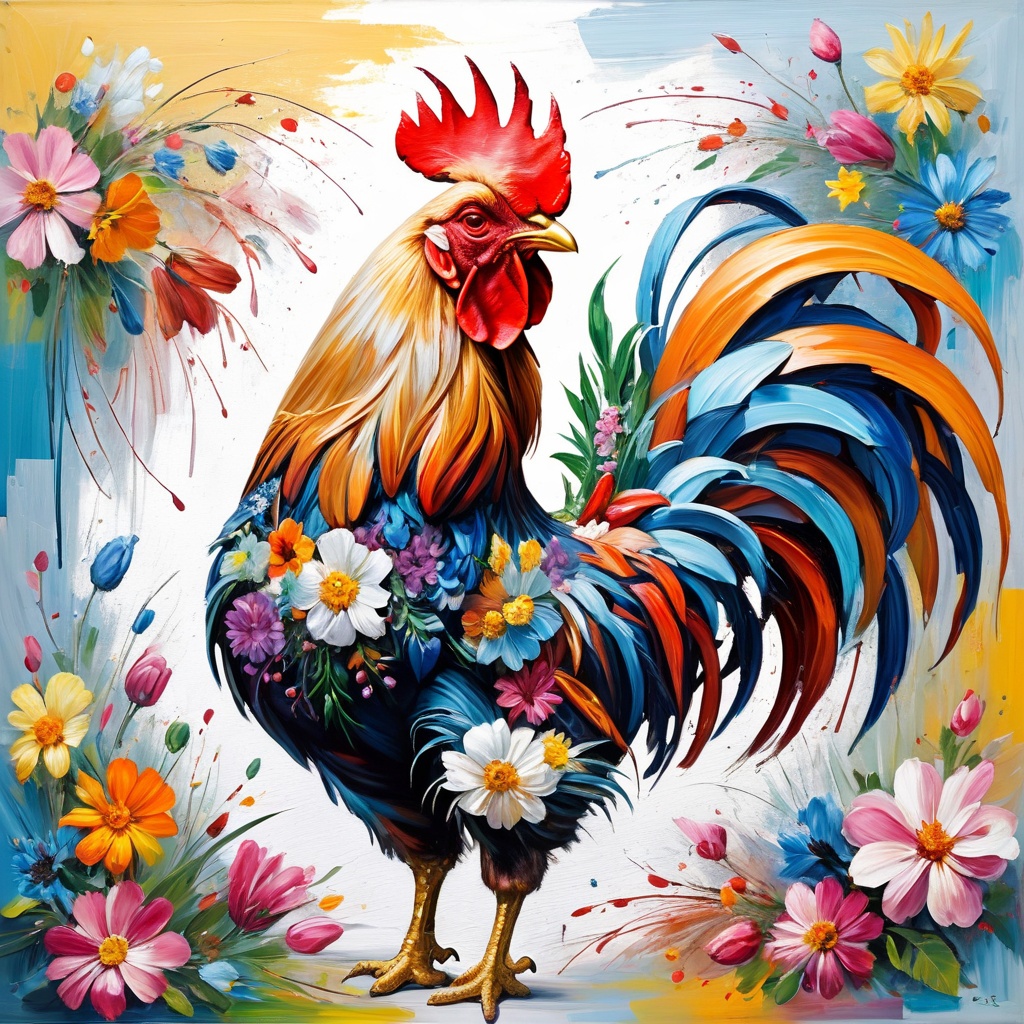 expressionist painting of a rooster hyperrealist energetic brushwork bold abstract forms expressive,poakl flower style,<lora:poaklflowerstyle-000009:1.0>,