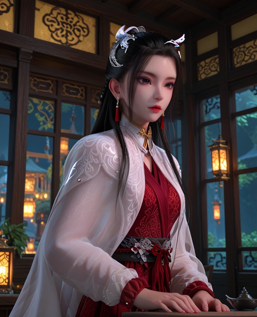 (oriental architecture, elegant decor, sophisticated style:1.1),(Bending down to tie shoelaces, with a child or younger sibling imitating the same action,:1.1),(breasts:1.2),<lora:XL少年白马晏琉璃:0.95>,miss yanliuli,white cape with red dress underneath,brown eyes,hair ornament,earrings,black hair,hanging hair,long hair,sash,long sleeves,white cape,see-through silhouette,, score_9,score_8_up,score_7_up,score_6_up,score_5_up,score_4_up,3d rendering,tag1,tag2, Cinematic Lighting,backlighting,