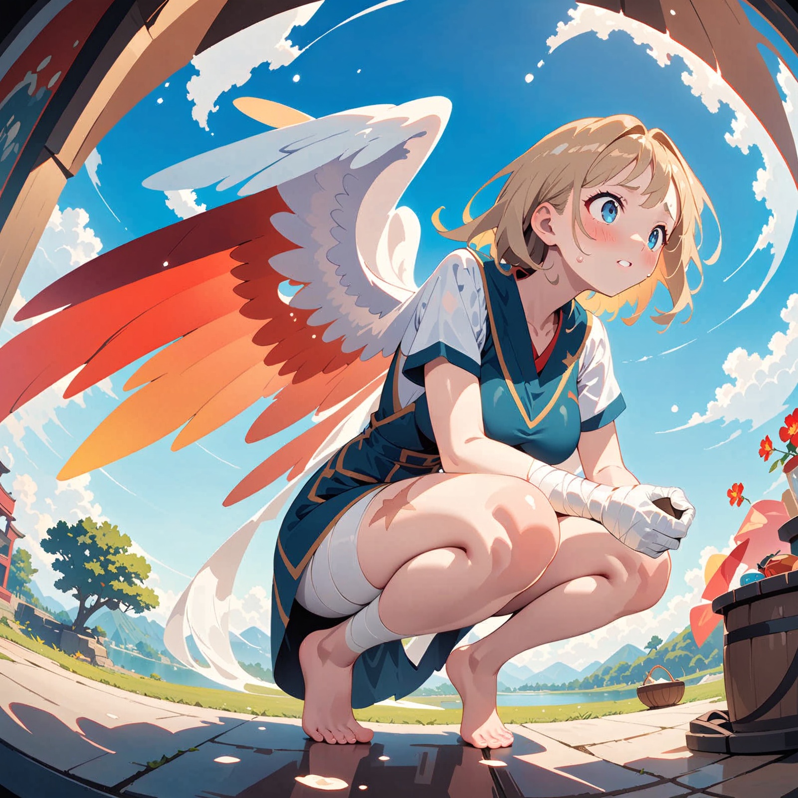 leagueoflegends,lol,splashart,womanwearingawitchcostume,hauntedforestinthebackground,cauldron,bubbles,scarysetting,Facial lighting,Volumetric light,Angel,bandages,delicate face,(((hands raised,))),(((hanging:1.5))),looking to the ground,tiptoeing,sweat,scars,large breasts,angel,(Milky skin, shiny skin:1.5),(bandages:1.4),feathered wings,angel wings,barefoot,blush,(skinny legs:1.5),platinum blonde hair,((breasts)),Hands together,Hair,(scar:1.5),sweat,White liquid,(Huge wings:1.5),((squatting)),from below,full body,Fisheye lens,offcial art,colorful,Colorful background,splash of color,movie perspective,(advertising style, magazine cover:1.4),A beautiful woman with delicate facial features,(meca style),full body portrait,Best quality,masterpiece,ultra high res,Modern,Chinese,Song rhyme,Oriental,pretty,Blue eyes,(wide shot, wide-angle lens,Panoramic:1.2),super vista,super wide Angle,Low Angle shooting,super wide lens,masterpiece,best quality,ultra-detailed,
