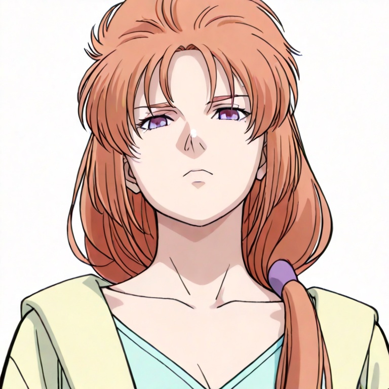 masterpiece, best quality,solo,(white background:1.2),simple background,looking at viewer,    Marida_Cruz,anime_style,Ple_12,Ple_XII,long hair,purple eyes,orange hair,<lora:玛莉妲·库鲁斯-ILL:0.8>