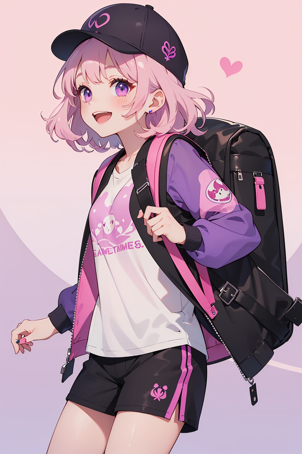 ( 1girl is happy and laughing) ((Pure purple and pink background:1.2)),A girl ready for a day of gaming,her dark curly hair adorned with a cap,carries a loaded backpack. Her black jacket and shorts combination is complemented by gaming motifs,suggesting a dedicated gamer lifestyle.,