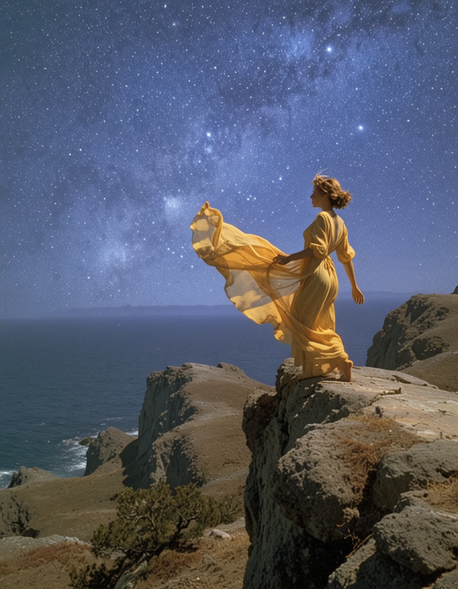 AwardWinningPhotography,  OhSoWindy,  woman in a cliff looking the stars on Tensor.Art