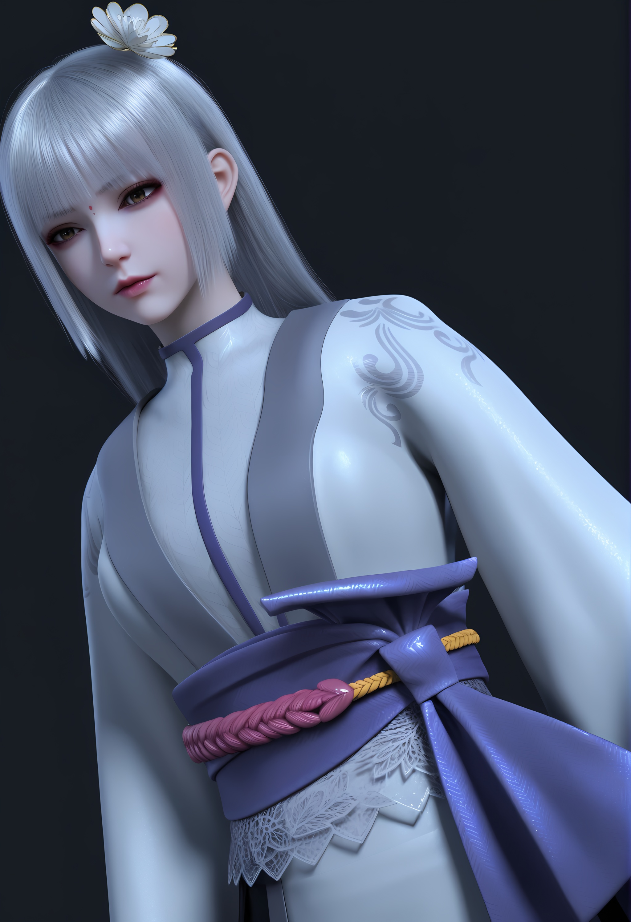 (score_9),dutch angle,cowboy shot,<lora:苏红息-apony:0.83>,shuxihong,1girl,solo,red dot,long hair,silver hair,hair ornament,hair flower,bangs,kimono,sash,short kimono,obi,(glamor),curvy,pointy chest,puffy chest,BREAK<lora:Expressive_H-000001:0.8>,light blush,Expressiveh,looking down,<lora:e肤色滑块:0.25>,fair_skin,(pale skin),<lora:e色温:0.25>,ultra-detailed skin texture,detailed textures,<lora:皮肤凹痕:1.5>,<lora:RealisticSkinv1_ponyv6_loraplus:0.35>,real skin,BREAKsimple background,black background,4K ultra HD,sharp focus,high detail,high contrast,