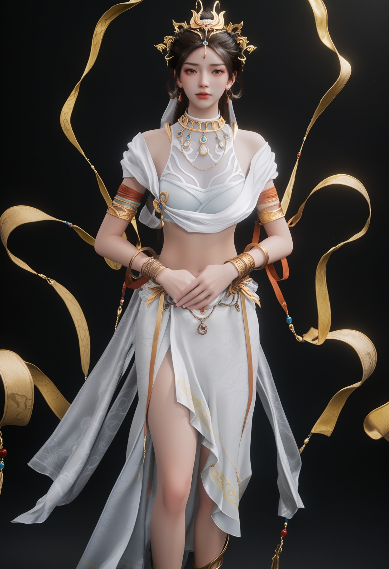 (cowboy shot:1.2),(score_9:1.2),(score_8_up:1.2),(top quality, 8k wallpaper:1.1),(masterpiece:1.1),(best quality:1.2),(intricate details),8k,1girl,facing viewer,(looking at viewer:1.1),<lora:YQ_pony_yaochishengnv_V4:0.95:lbw=1,1,1,1,1,1,1,1,1,0.8,0.8,0.1>,q1528437228,1girl,solo,jewelry,earrings,long hair,hair ornament,black hair,floating ribbon,dress,skirt,bracelet,armlet,necklace,brown hair,brown eyes,forehead mark,veil,hagoromo,crop top,anklet,sandals,blue eyes,hair rings,barefoot sandals (jewelry),ponytail,gold footwear,ribbon,BREAK(score_9:1.2),(score_8_up:1.2),masterpiece,best quality,very aesthetic,perfect anatomy,(hourglass),perfect face,(simple background,pure black background,black background:1.1),fair_skin,(shiny_skin:1.1),Ivory_skin,