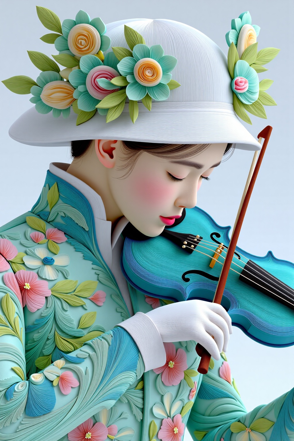 beijihui,Captured at eye-level, a 3D rendering of a woman's face is adorned with a white hat, adorned with green, yellow, and pink accents. The woman's eyes are closed, and her lips are pursed. She is holding a violin in her right hand, her left hand resting on the bow of the violin. Her left hand is covered in a white glove, adding a touch of warmth to the scene. The background is a stark white, with a floral pattern, adding depth to the composition.