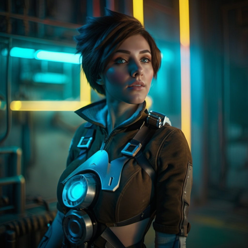 cinematic photo a woman in a futuristic cyberpunk background,  neon lights . 35mm photograph,  film on Tensor.Art