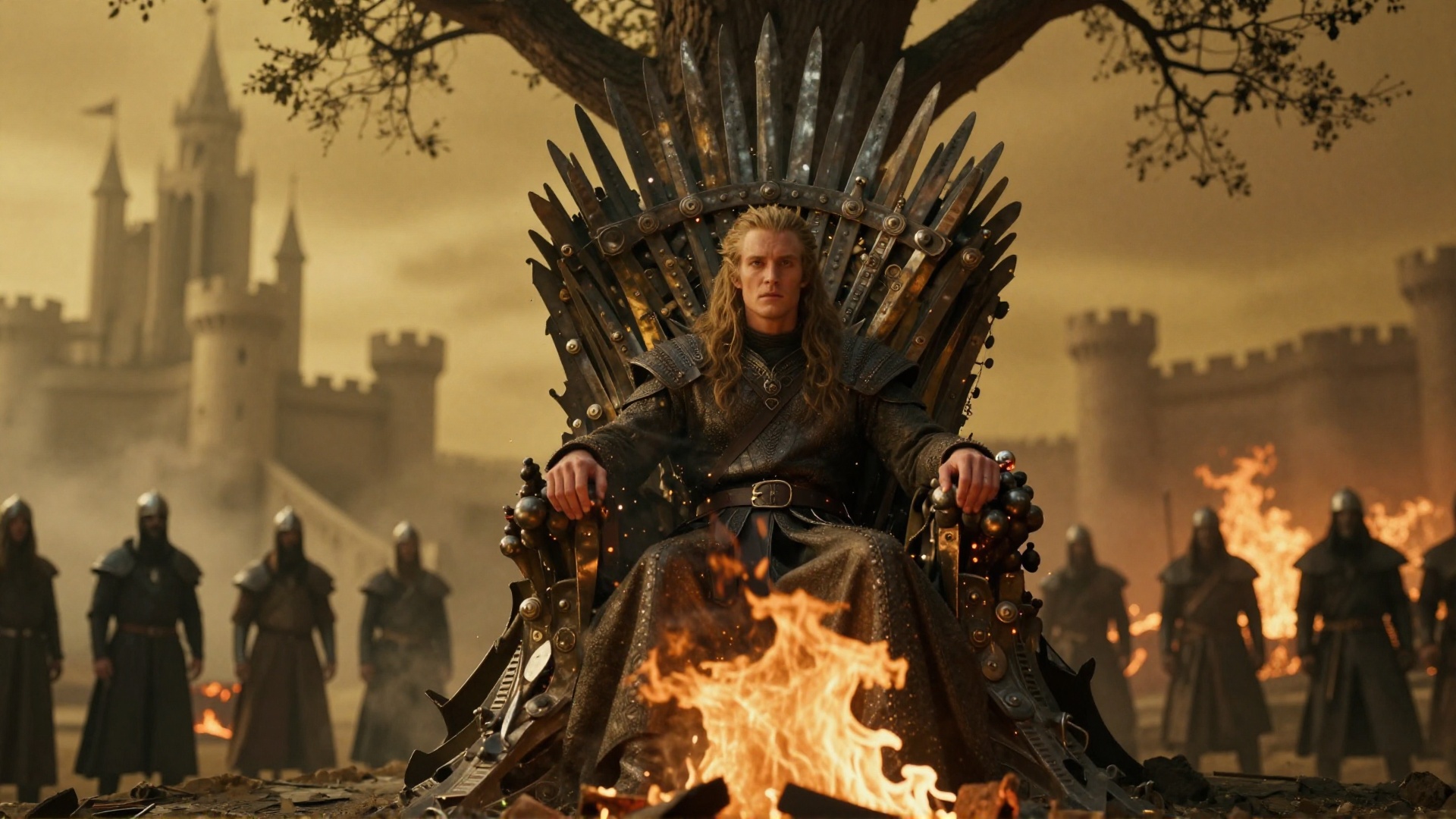 cinematic film still of In medieval times a fire with a giant iron throne,  solo,  outdoors on Tensor.Art