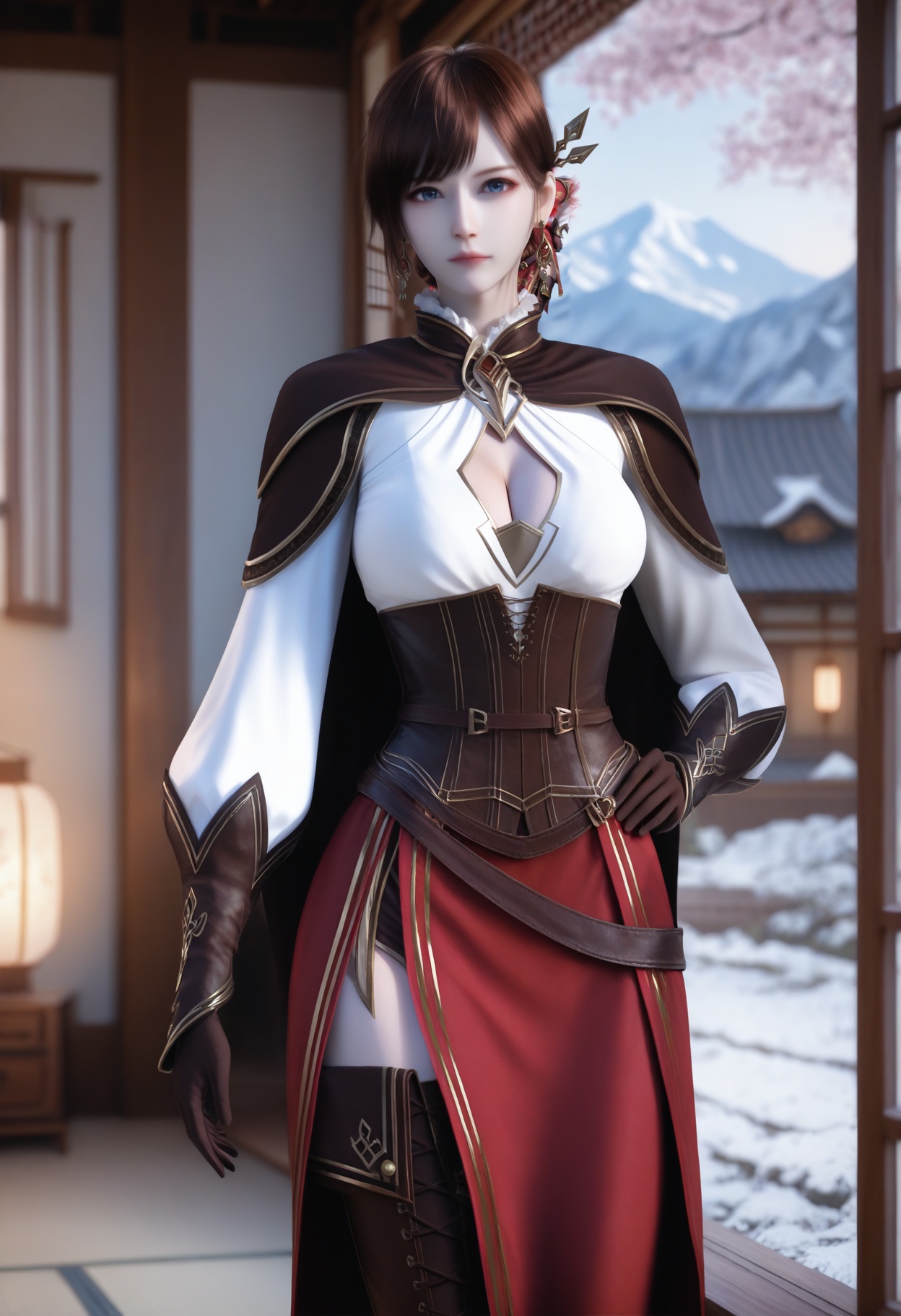 He_di,1girl,brown hair,earrings,hair ornament,jewelry,cleavage,blue eyes,blurry background,short hair,corset,cowboy shot,bangs,<lora:He_di_10_illu-000006:0.75>,cape,gloves,high heels,brown footwear,skirt,thigh boots,long sleeves,red skirt,side slit,clothing cutout,cleavage cutout,photorealistic,hyperrealistic,<lora:realistic filter [IL]:1>,(pale skin:0.7),looking at viewer,standing,one hand on hip,lantern,open window,looking at viewer,indoors,mountains,blossoms,flowers,east asian architecture,beautiful sunrise,warm ambient temperature,