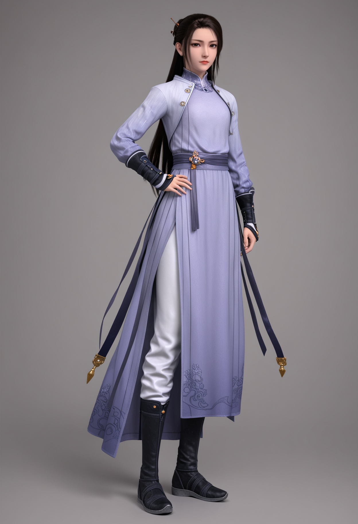 (looking_at_viewer:1.2),cowboy shot,<lora:YQ_pony_lihanyi_V5:0.8>,q1528437228,solo,black hair,long hair,1girl,chinese clothes,long sleeves,brown hair,brown eyes,black eyes,hair ornament,dress,boots,single hair bun,pants,black footwear,jacket,half updo,sash,arm guards,china dress,hair stick,white pants,simple background,pure black background,