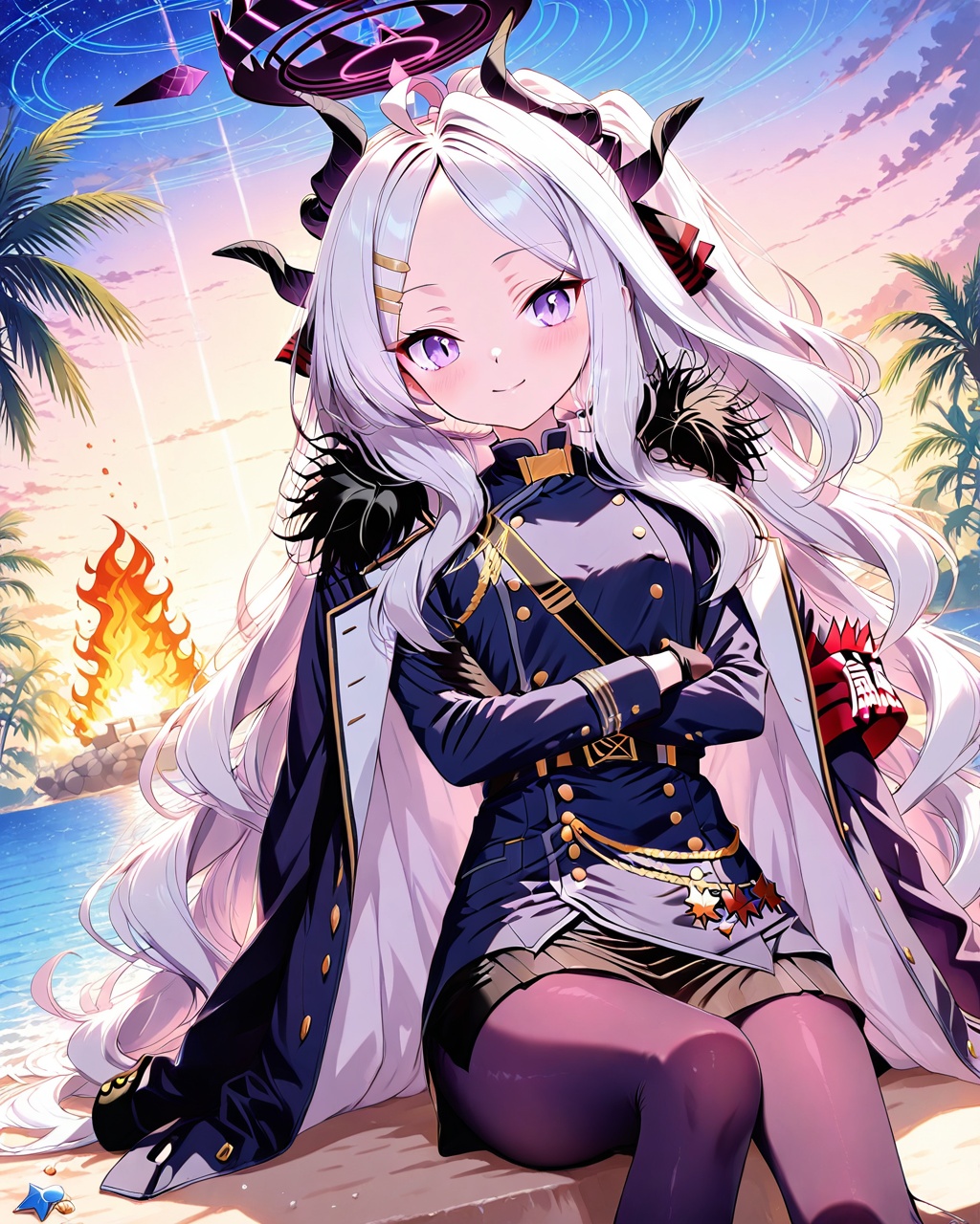 O,Hina (blue archive),five fingers,1girl, hina (blue archive), solo, halo, horns, long hair, white hair, purple eyes, looking at viewer, gloves, parted bangs, black gloves, hair ornament, smile, night, outdoors, long sleeves, sitting, bangs, tree, armband, ahoge, fur trim, sky, fire, uniform, hairclip, multiple horns, night sky, closed mouth, crossed arms, palm tree, blush, forehead, military, fur collar, ocean, military uniform, coat, jacket, star (sky), fur-trimmed coat, pantyhose, demon horns, starry sky, beach, horizon, sidelocks, water,(UHD),anatomically correct,accurate,textured skin,super detail,high details,award winning,best quality,high quality,retina,HD,16k,1080P,