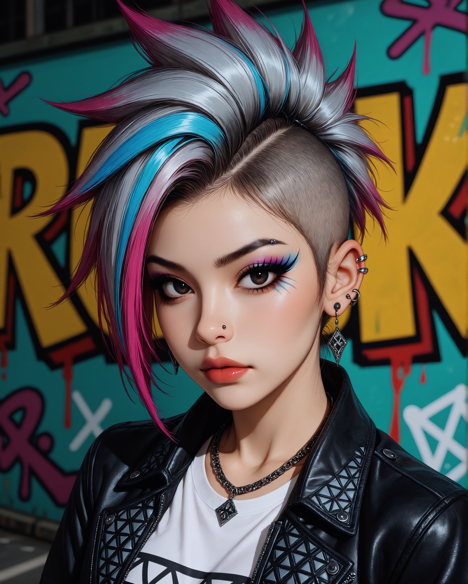 A digital illustration shoot from a portrait camera angle about a stylish woman with a unique mohawk hairstyle in vibrant...