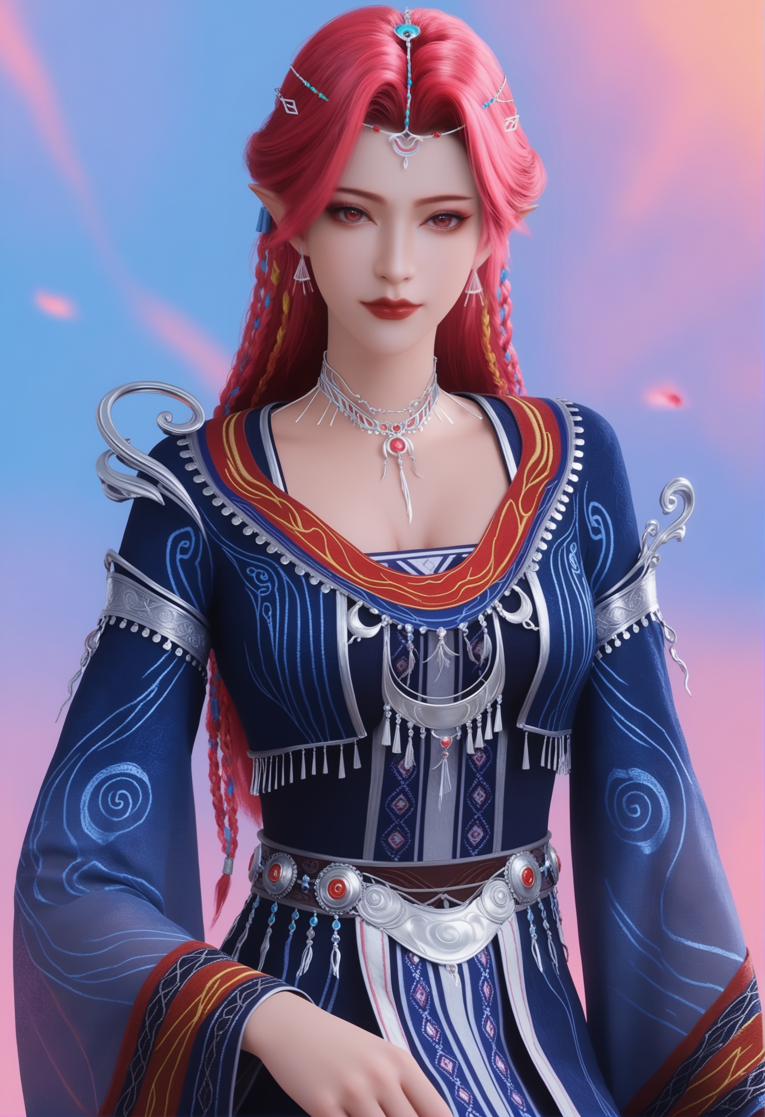 score_9,score_8_up,score_7_up,1girl,solo,realistic,(looking at viewer:1.1),1girl,solo,realistic,1girl,solo,realistic,big breasts,dress,robe,long dress,blue dress,blue robe,long sleeves,wide sleeves,beads,realistic,jewelry,tiara,hair ornament,head chain,necklace,choker,earrings,1girl,solo,realistic,(mature face:1.2),big eye,(pale_skin:1.1),shiny_skin,slender face,long hair,red hair,pink hair,multiple braids,braid,red eyes,pointy ears,facial mark,forehead mark,eyeshadow,eyelashes,red lips,closed mouth,1girl,solo,realistic,realistic,solid background,simple background,(magazine cover theme:0.75),(white chair:0.8),<lora:小巳-齐琪pony:0.85>,