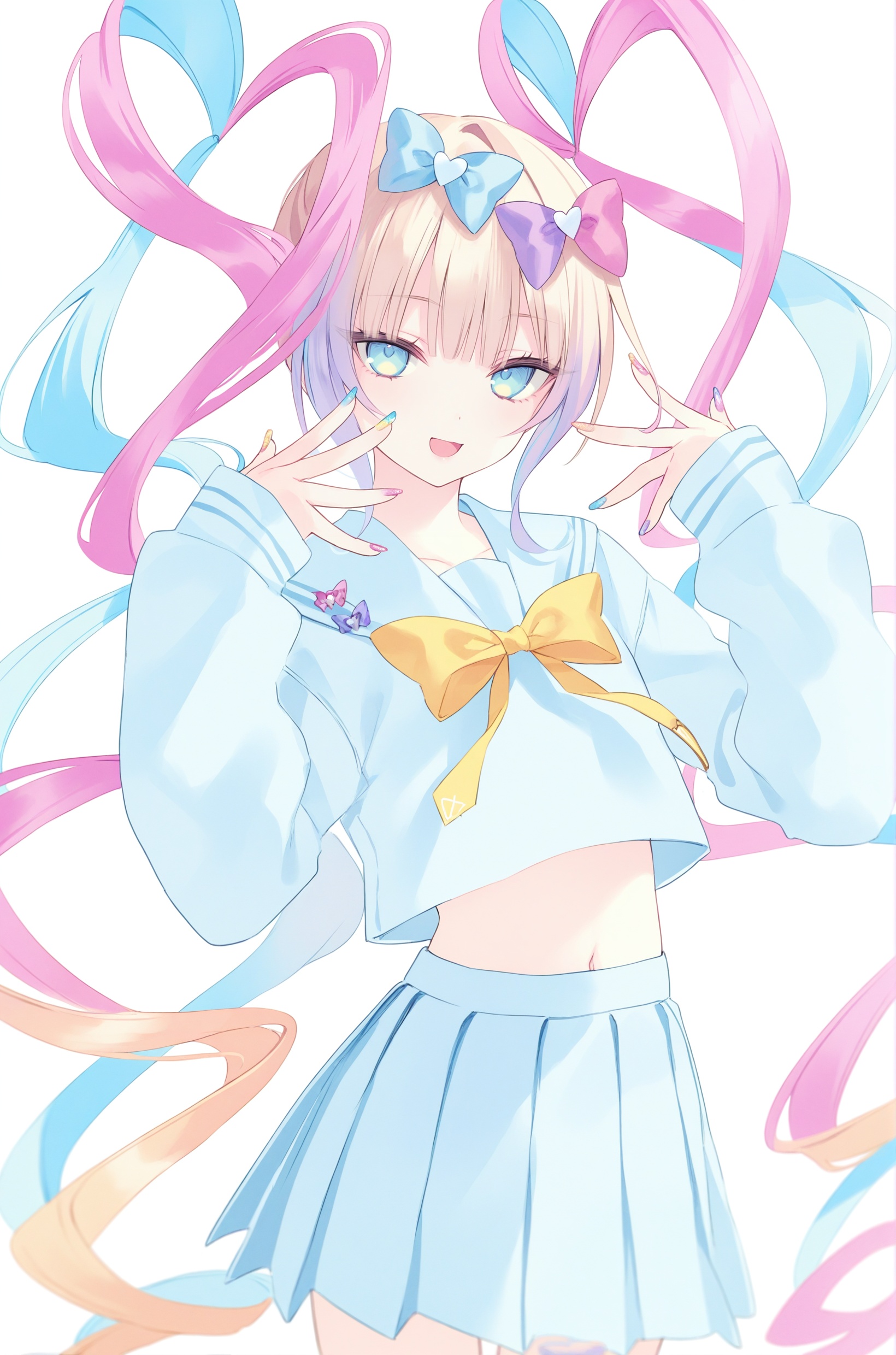 rurudo,1girl,quad tails,bow,solo,skirt,hair bow,blue eyes,school uniform,blue hair,pink hair,smile,open mouth,multicolored nails,multicolored hair,blonde hair,navel,pleated skirt,heart,looking at viewer,serafuku,long sleeves,long hair,bangs,sailor collar,shirt,very long hair,yellow bow,nail polish,pink bow,blue nails,blue bow,midriff,purple bow,white background,:d,cowboy shot,multiple hair bows,simple background,pink nails,hands up,twintails,blue shirt,large bow,