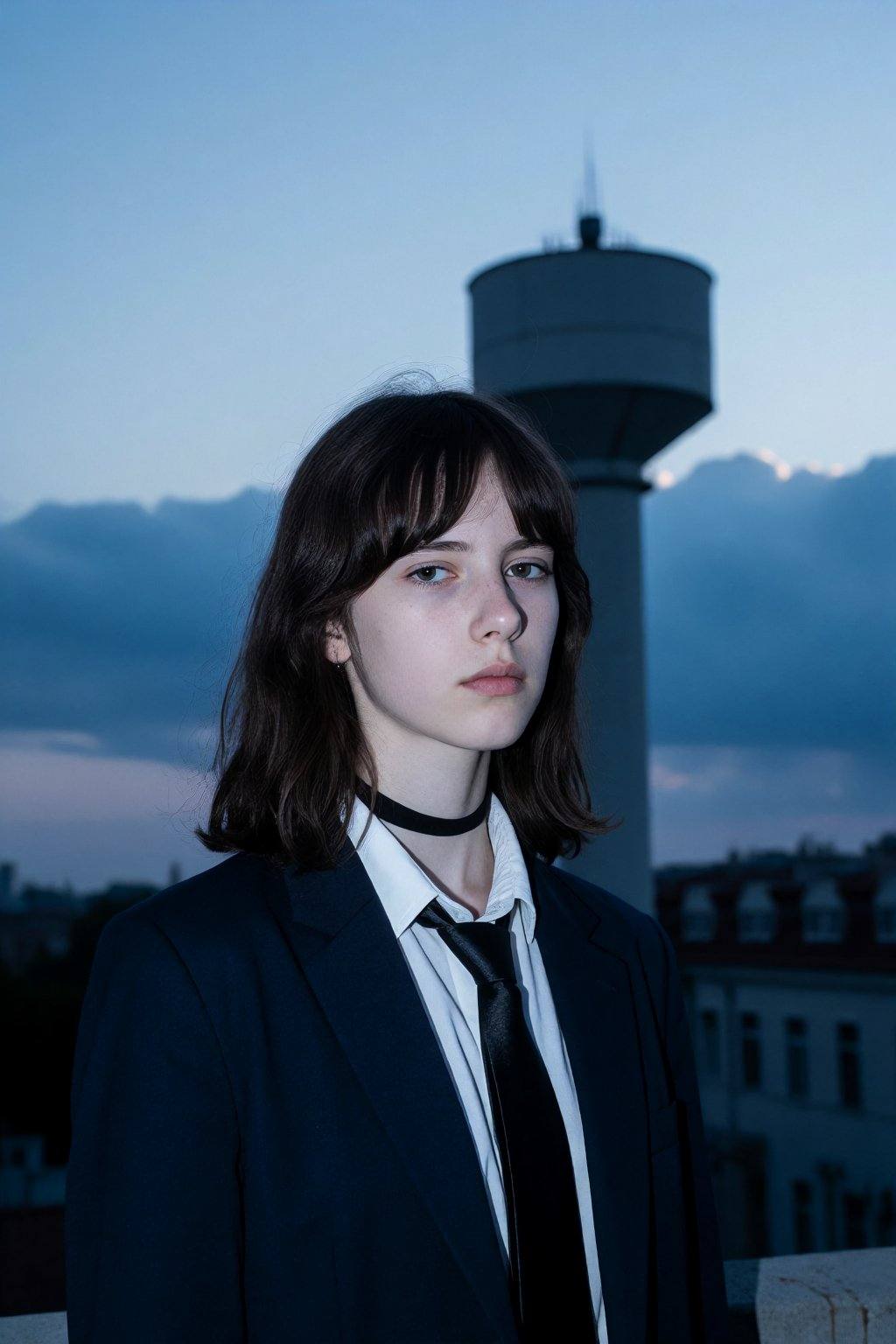 This photograph captures a young woman standing against a twilight sky,  with a prominent water tower in the background. T...