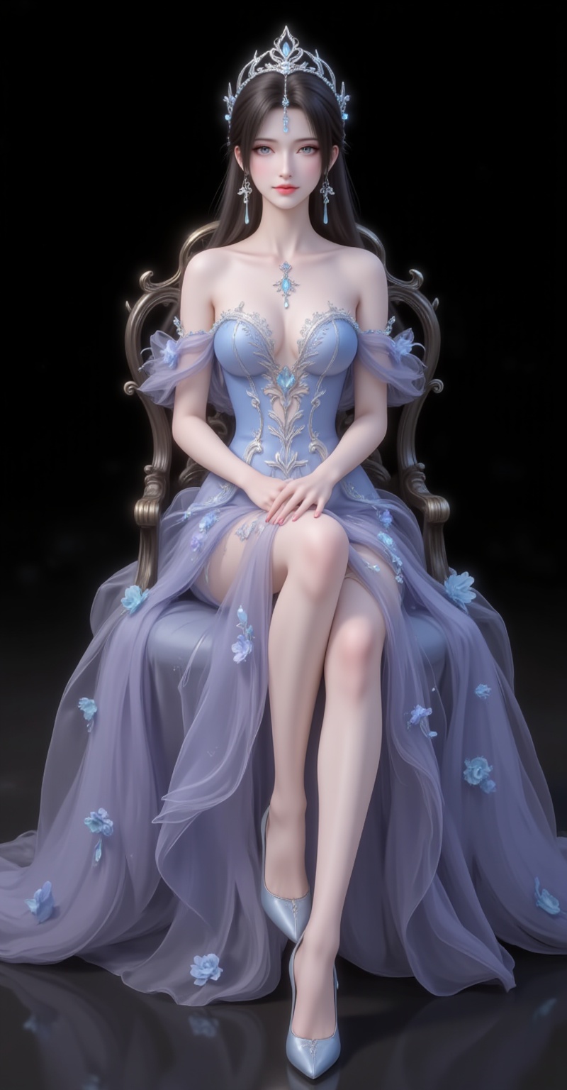 <lora:晚礼服1·人物百搭款6:1>,fuzhuang,1girl,dress,solo,bare shoulders,skirt hold,blue dress,black hair,long hair,breasts,strapless,strapless dress,flower,long dress,full body,high_heels,sitting,chair,legs,crossed_legs,black_background,simple background,cover,gradient background,close-up details,outstanding style,adding a touch of dimension to your images without compromising details,close-up,<lora:DJ滤镜_2.5D版:0.3>,lvjing,<lora:油画唯美滤镜15:0.2>,baoshi,<lora:清漪·衣服百搭款·6:1.1>,qingyi,black hair,long hair,jewelry,earrings,hair_ornament,grey eyes,crown,(large breasts:1.2),
