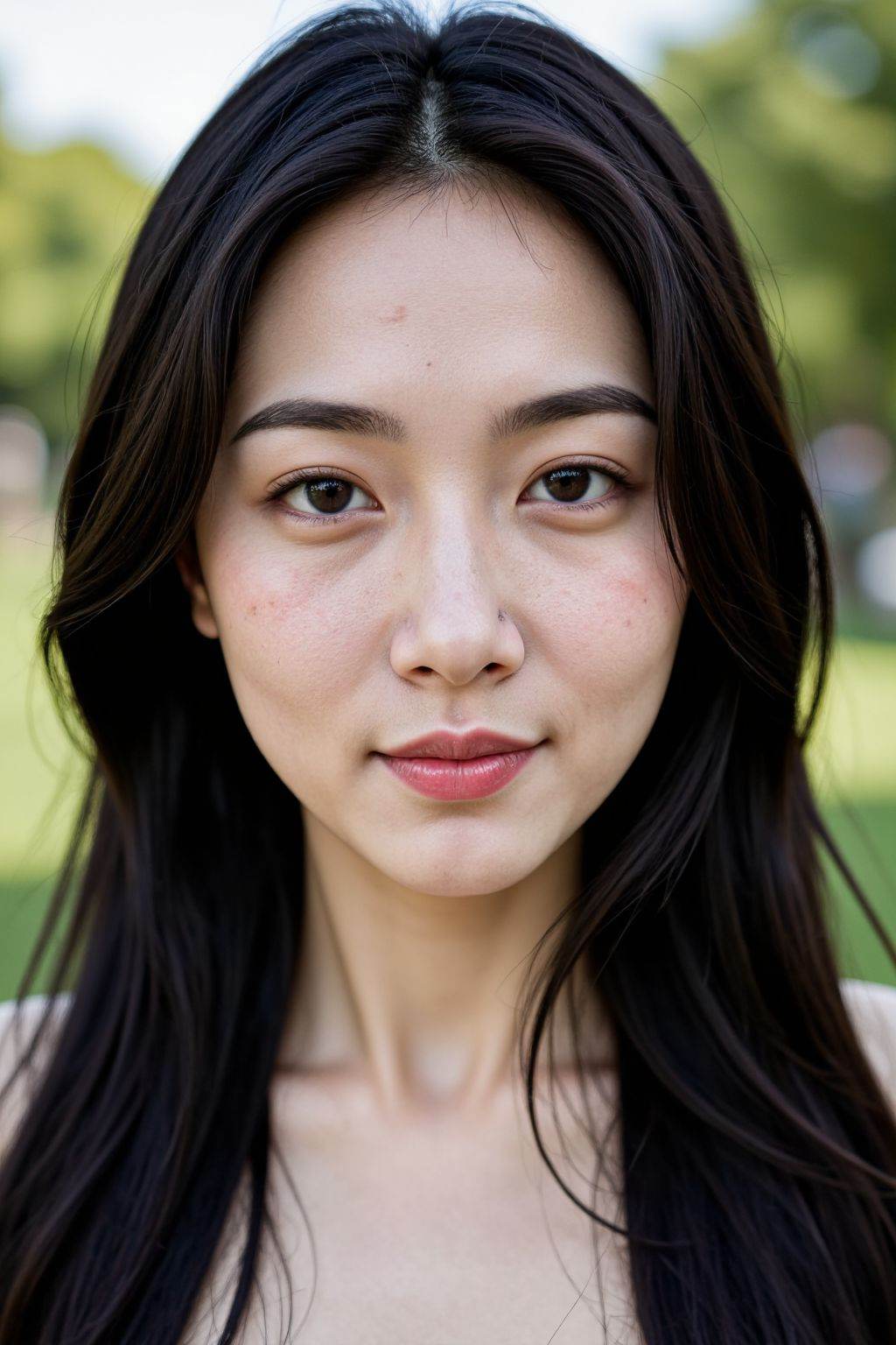 This slightly somber, close-up portrait depicts an Asian woman in her early twenties with long and smile, center-parted black hair. Her features are sharp and angular, with realistic skin tones, including freckles, moles, acne scars, and pores. Her deep, deep eyes, slightly amused, gaze directly at the viewer. Her skin tone and pores are clearly visible, and her complexion is relatively fair. The soft lighting casts subtle shadows, highlighting the facial features and creating a cinematic atmosphere. The background in the park, highlighting the subject. The facial features are clearly defined, and the skin tones are realistic and clearly visible. The work exhibits a modern, minimalist aesthetic, reminiscent of a studio scene or portrait. The overall atmosphere is restrained and slightly melancholic, creating a sense of vulnerability. The composition is balanced, with the subject centered. The perspective is frontal, creating a unique style.
