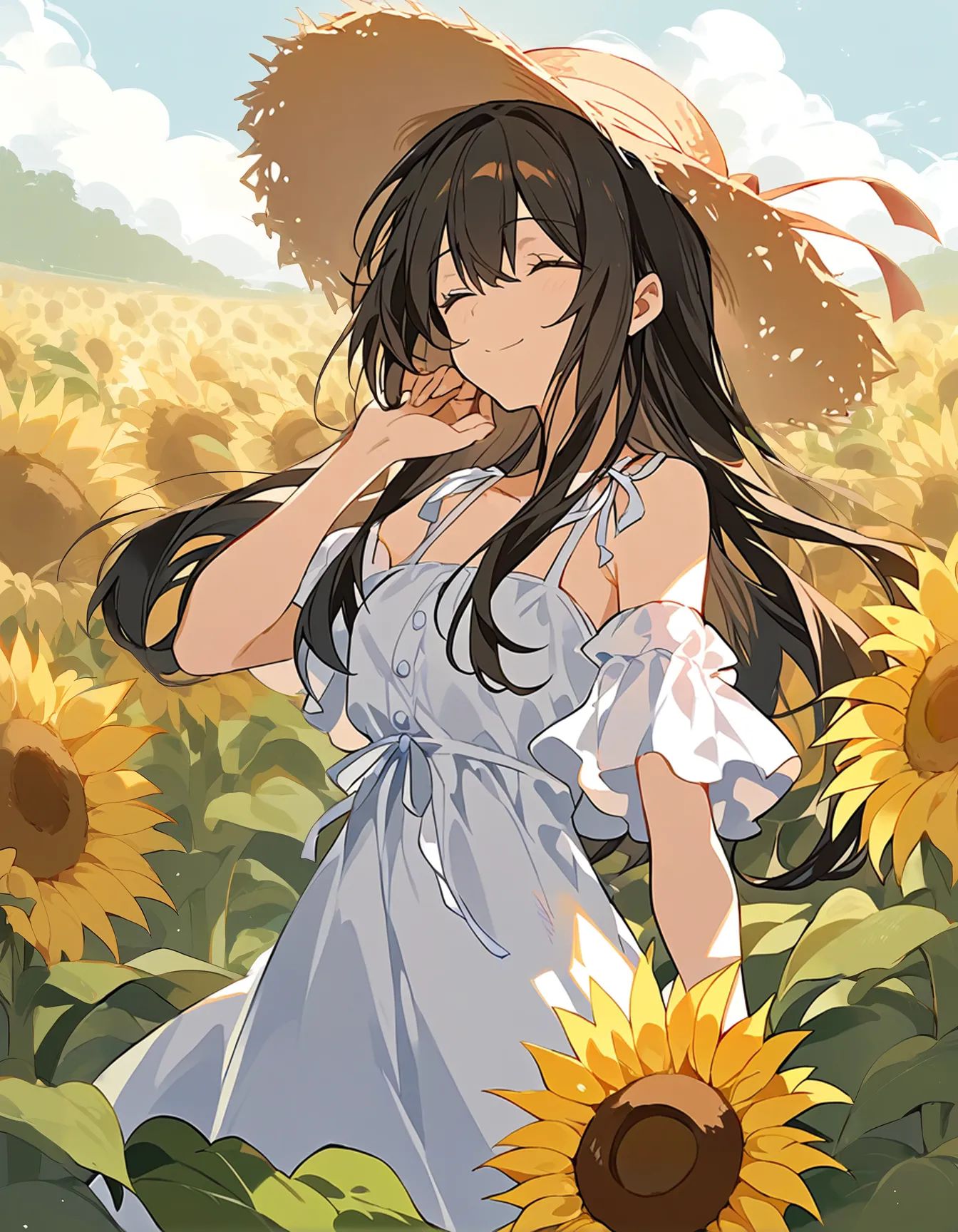 1girl standing sunflower_field,  black_hair,  long_hair on Tensor.Art