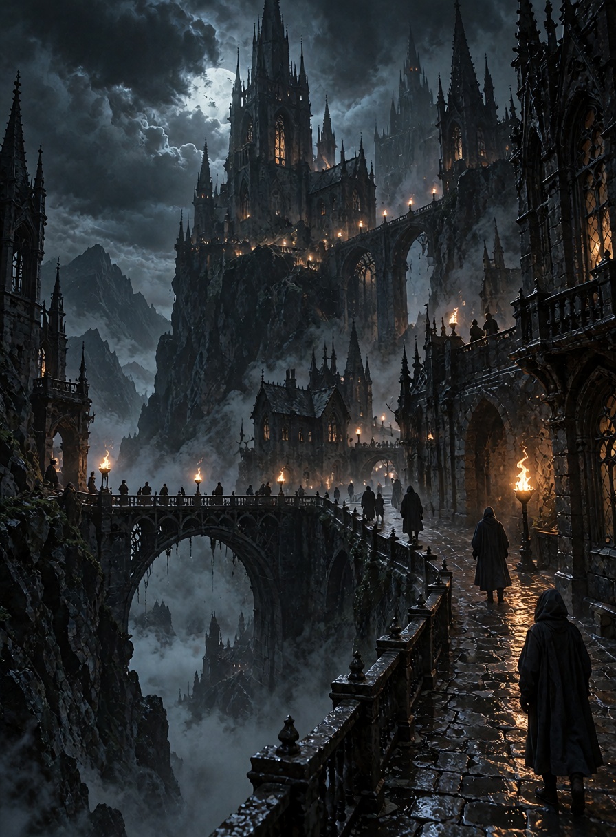 A dark fantasy city built into steep black cliffs,  towering gothic spires,  bridges over bottomless chasms on Tensor.Art