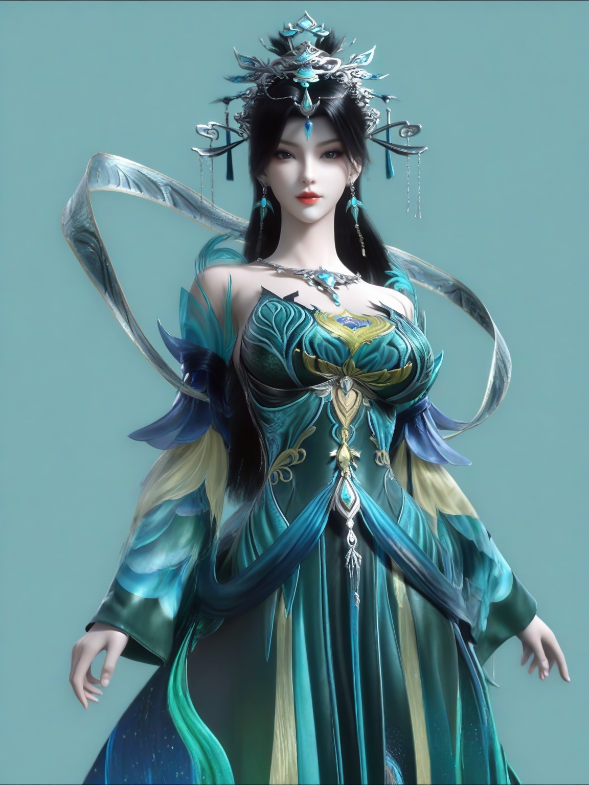 score_9,1girl,solo,dress,long hair,standing,long hair,black hair,earrings,hair ornament,bangs,green dress,detached sleeves,large breasts,standing,lipstick,upper body,looking at viewer,simple background,<lora:SF_YanQingFei_Pony_Realism2.3-000003:0.7>,