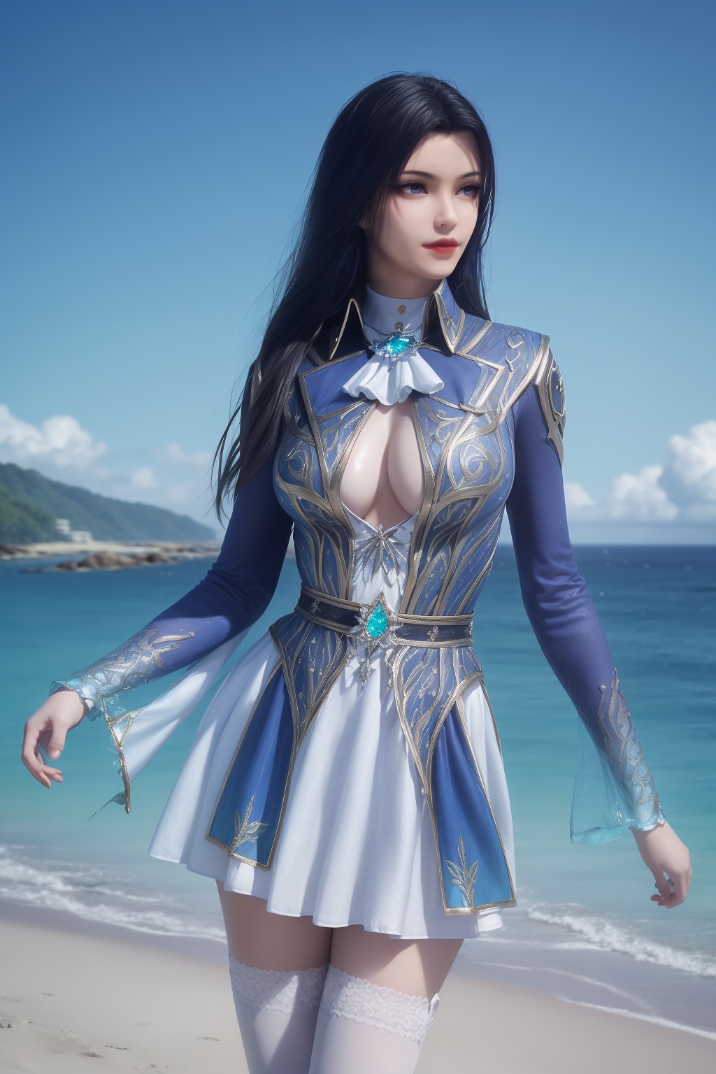 photo_\(medium\),(8k, RAW photo, best_quality),(masterpiece:1.2),(realistic:1.2),(photorealistic:1.3),(ultra-detailed),(extremely_detailed_cg_8k_wallpaper),(crystal_texture_skin:1.3),(shiny:1.2),(shiny_skin:1.4),(extremely_delicate_and_beautiful),shenfengLingLuoChen,1girl,solo,dress,ascot,skirt,torogao,breasts,large breasts,white thighhighs,long sleeves,standing,jewelry,hair ornament,lips,realistic,looking at viewer,Summer,Beach,Sea,sunshine,<lora:shenfengLingLuoChen_20240512215006-000006:0.7>,