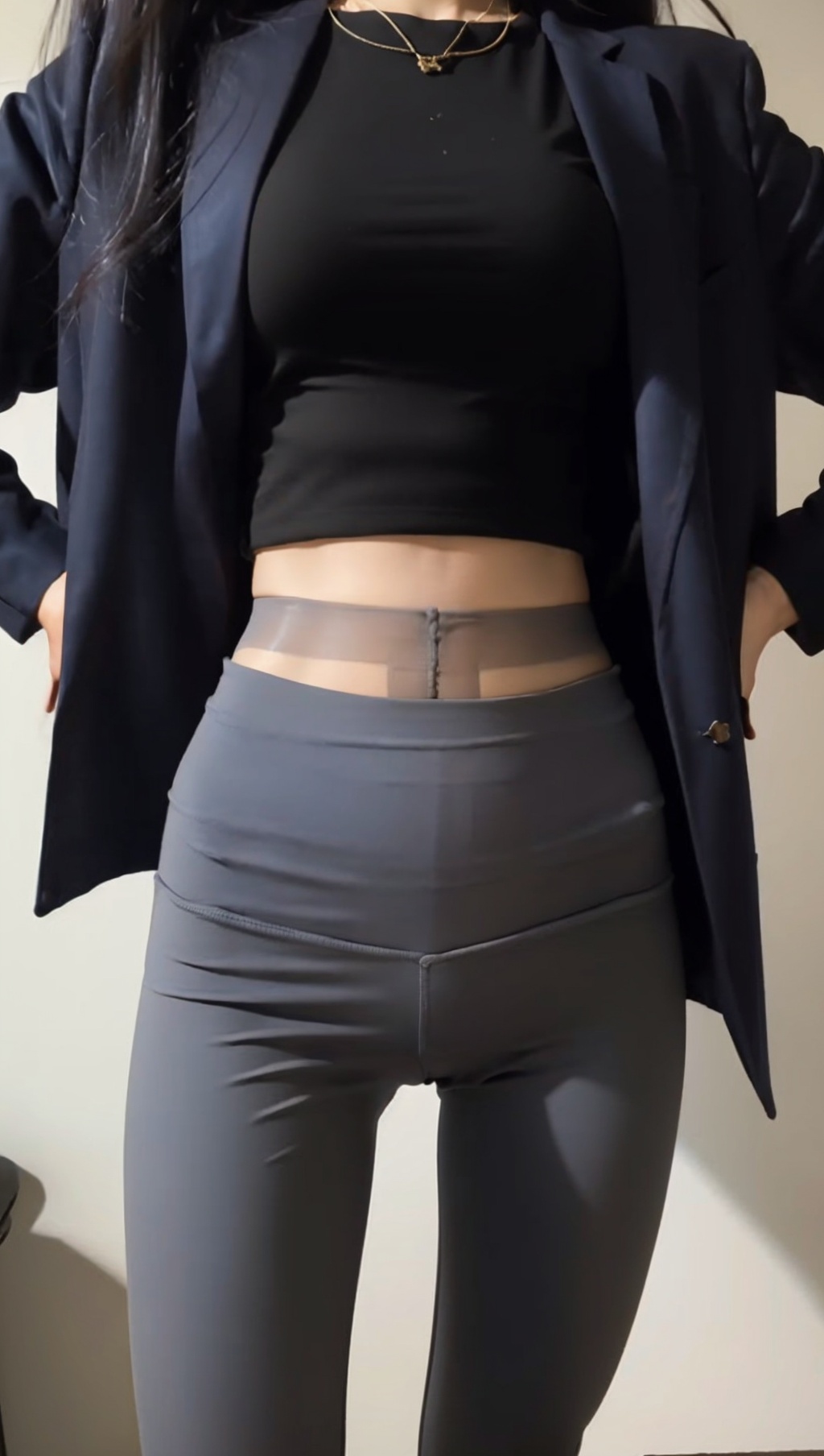 ((masterpiece)),best quality,perfect anatomy,8K wallpaper,mWaistSilk,leggings pants,open jacket,indoors,hands on hips,crop top,1girl,close-up,waist focus,midriff,head out of frame,<lora:mWaistStockings:0.7>,