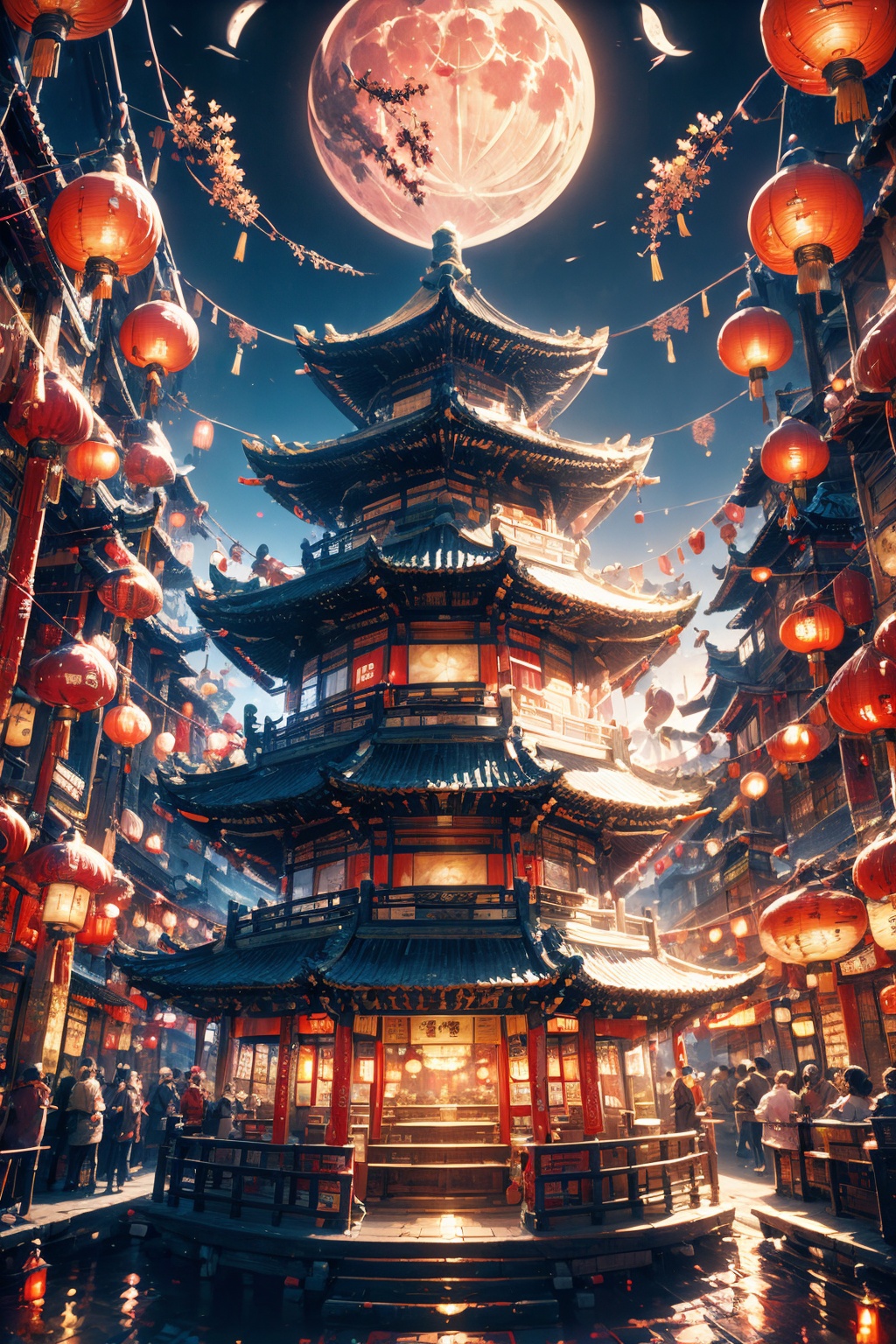 <lora:ChineseNewYear:0.8>, chinese new year, chinesenewyearstyle, architecture, east asian architecture, scenery, no humans, night, lantern, moon, building, full moon, sky, paper lantern, outdoors, pagoda, tower, night sky, city, cityscape, cloud