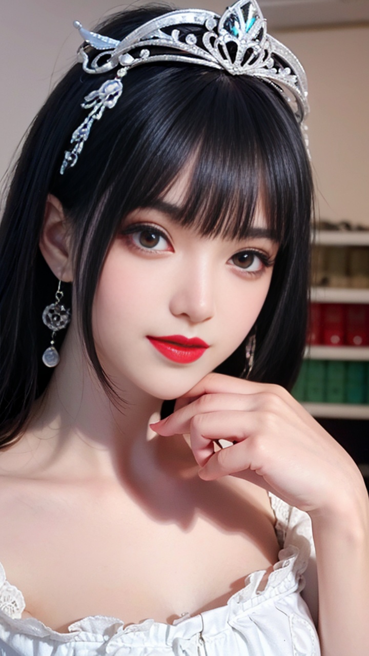 1girl, black_hair, crown, dress, earrings, eyelashes, jewelry, lips, lipstick, makeup, red_lips, solo