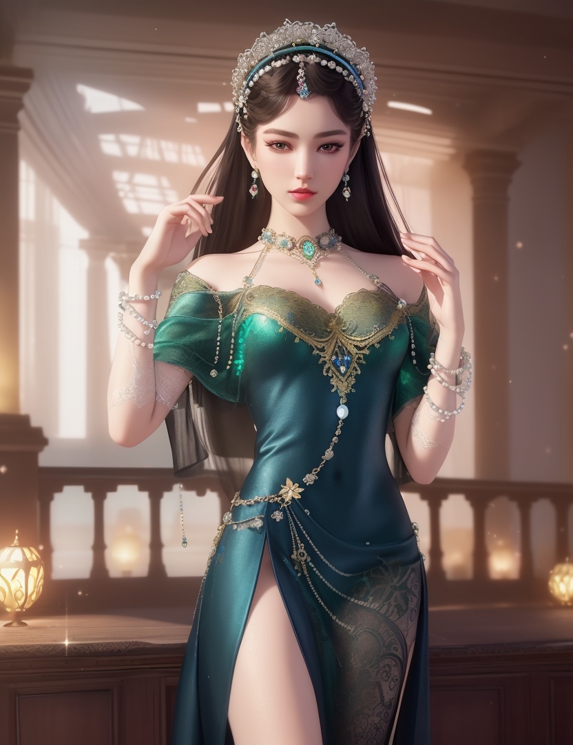 ultra realistic 8k cg, picture-perfect face, flawless, clean, masterpiece, professional artwork, famous artwork, cinematic lighting, cinematic bloom, perfect face, beautiful face, fantasy, dreamlike, unreal, science fiction,  beautiful clothes, lace, lace trim, lace-trimmed legwear,  (rich:1.4), prestige, luxury, jewelry, diamond, gold, pearl, gem, sapphire, ruby, emerald, intricate detail, delicate pattern, charming, alluring, seductive, erotic, enchanting, hair ornament, necklace, earrings, bracelet, armlet,halo((,1girl, pov,))(((,  1girl,  solo,looking at viewer, ))),(((1girl, solo, dress, jewelry)))<lora:DA_WhiteSnakeGreenSnake:0.7>