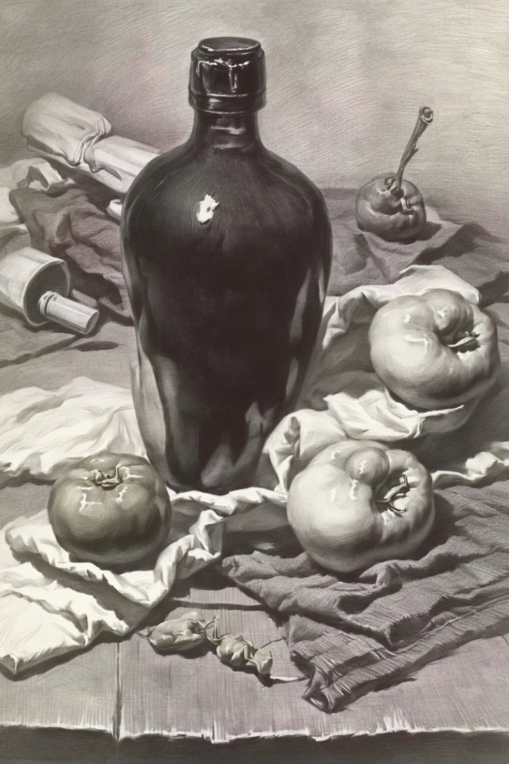 Best Quality, Masterpiece, (Reality: 1.3), Still Life, Table, Cloth, (Clay Pot: 0.6), (Apple: 0.6), (Pear: 0.6), (Tomato: 0.6), (Pepper: 0.6), 1 mineral water bottle, sketch, line, pencil drawing, traditional media, graphite (medium), simple background, white background,, <lora:sketch-pencil:1>