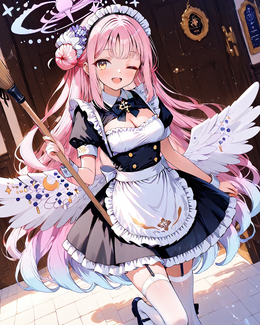mika (blue archive),O,1girl, mika (blue archive), solo, broom, thighhighs, apron, wings, halo, long hair, pink hair, hair bun, holding, one eye closed, maid, single side bun, very long hair, black footwear, cleavage, short sleeves, feathered wings, smile, full body, white wings, dress, breasts, white thighhighs, garter straps, alternate costume, frills, maid headdress, holding broom, shoes, puffy sleeves, white background, enmaided, looking at viewer, angel wings, open mouth, black dress, ,d, bangs, low wings, simple background, puffy short sleeves, frilled apron, frilled dress, maid apron, white apron, yellow eyes, mary janes, waist apron, medium breasts, multicolored hair, hair ornament, wrist cuffs, scrunchie, single hair bun, blush, gradient hair, black ribbon, standing, hair flower, zettai ryouiki, neck ribbon, :d, clothing cutout, cleavage cutout, ribbon,(UHD),anatomically correct,accurate,textured skin,super detail,high details,award winning,best quality,high quality,retinal,HD,16k,1080P,