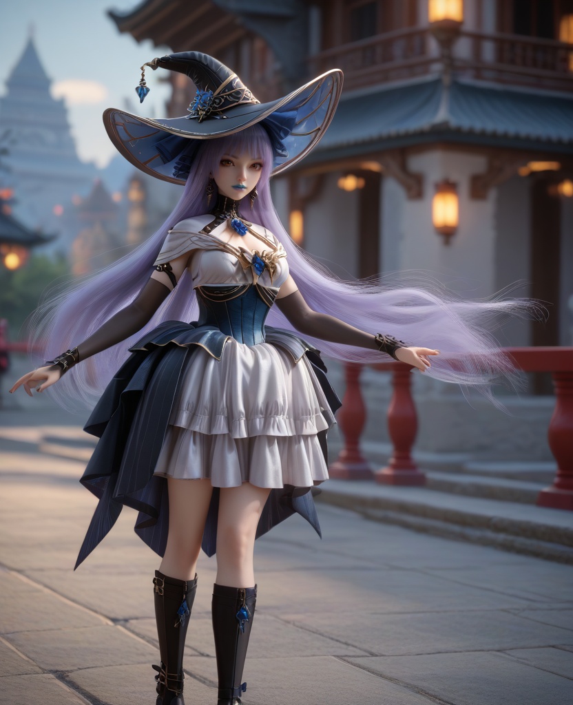 (oriental architecture, elegant decor, sophisticated style:1.1),(one hand on her hip, one hand behind her head:1.1),(breasts:1.2),<lora:XL16克金玩家白雪公主病:0.95>,witch,lavender gothic lolita dress with black peplum,orange eyes,lilac hair,very long hair,black witch hat,black opera gloves sleeves,blue lips,jewelry,faux blue rose embellishments,black boots,, score_9,score_8_up,score_7_up,score_6_up,score_5_up,score_4_up,3d rendering,tag1,tag2, Cinematic Lighting,backlighting,, zPDXL3, zPDXL2,zPDXL, zPDXLxxx, zPDXLrl,