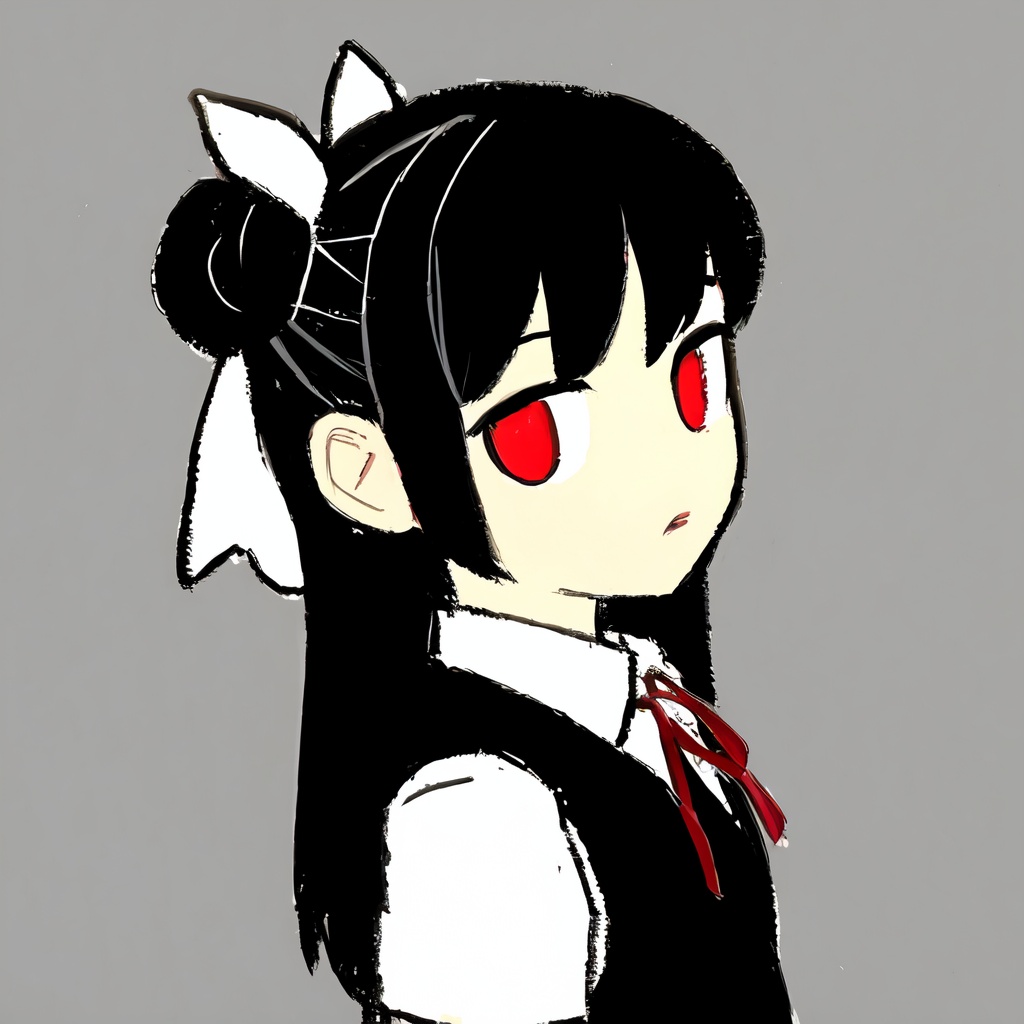 1girl,    solo, looking at viewer, vest, hair between eyes, black vest, collared shirt, black background, looking to the side, half updo, simple background, upper body, parted lips, black hair, white ribbon, ribbon, sweater vest, hair ornament, hairpin, shirt, long hair, white shirt, artist name, school uniform, hair ribbon, from side, red eyes, expressionless, short sleeves, red ribbon, neck ribbon, crossed bangs, masterpiece, best quality,  safe