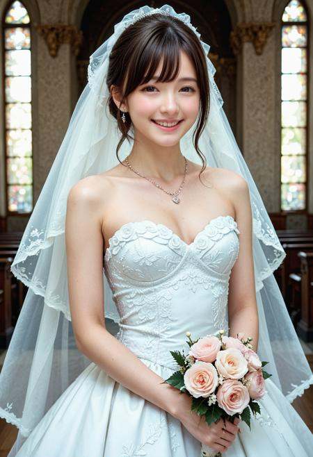 general, JPN, Tokyo morning, dark clarity, depth of field,three-dimensional gritter lighting, shading,refraction, hdr, sharply, photoreal, photography, photographic, everyday live, tyndall effect, bloomBREAKthe photo of a Japanese beautiful woman, fluffy wedding dress with frill, chapel, happy, natural smile, gloss rouge, necklace, ear pierce,
