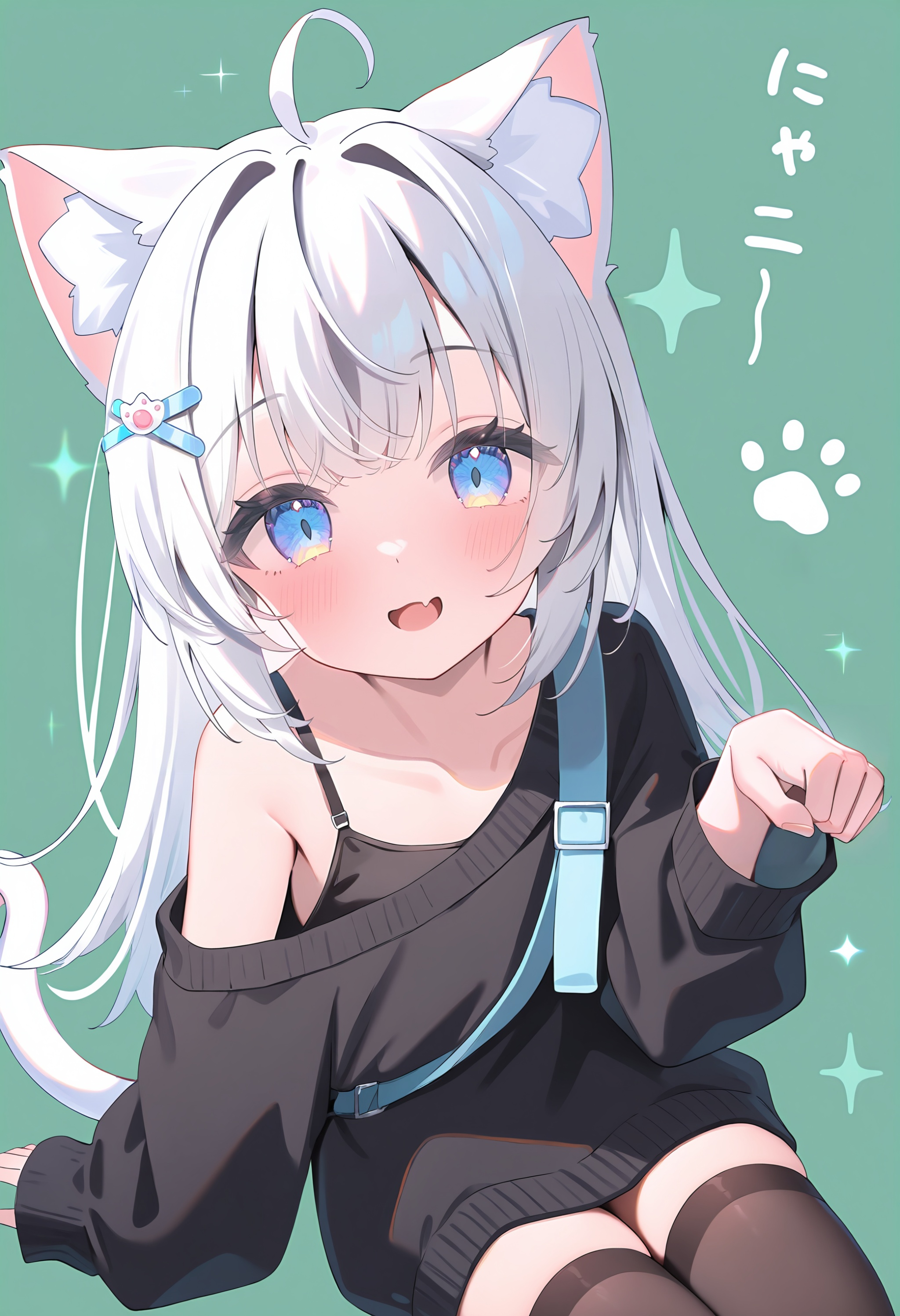 masterpiece,best quality,highly detailed,masterpiece,best quality,highly detailed,1girl,solo,animal ears,cat ears,white hair,long hair,blue eyes,blush,open mouth,smile,fang,ahoge,hair ornament,hair clip,cat tail,tail,black sweater,sweater,long sleeves,oversized,oversized sweater,print,japanese text,off shoulder,black camisole,shoulder strap,thighhighs,black thighhighs,zettai ryouiki,sitting,hand up,paw pose,looking at viewer,head tilt,simple background,green background,paw print,sparkles,cowboy shot,<lora:MAT_STYLE:0.9>,mat_style,